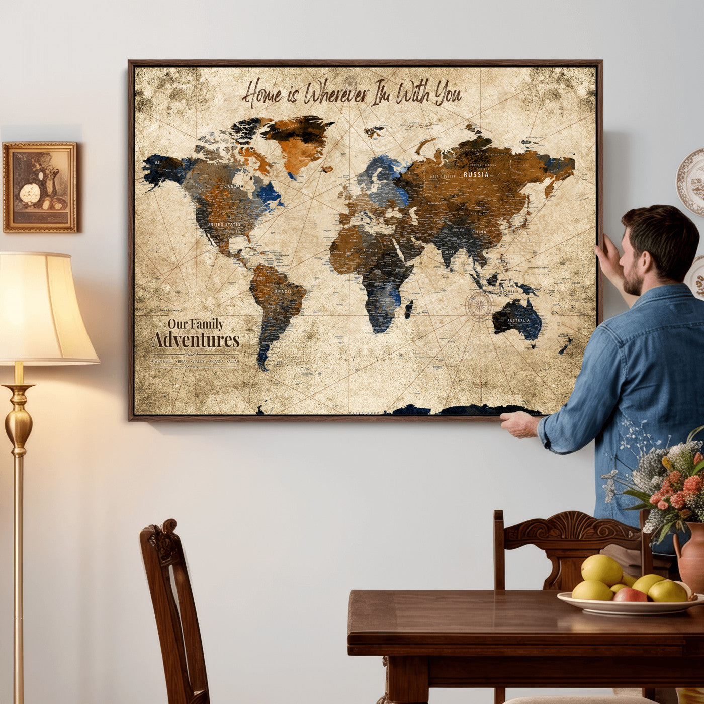 17548029-MGV-CV-36X24 - Custom Push Pin World Map Wall Art Canvas Print – Personalized Travel Tracker with Pins Framed Large for Home and Office Decor