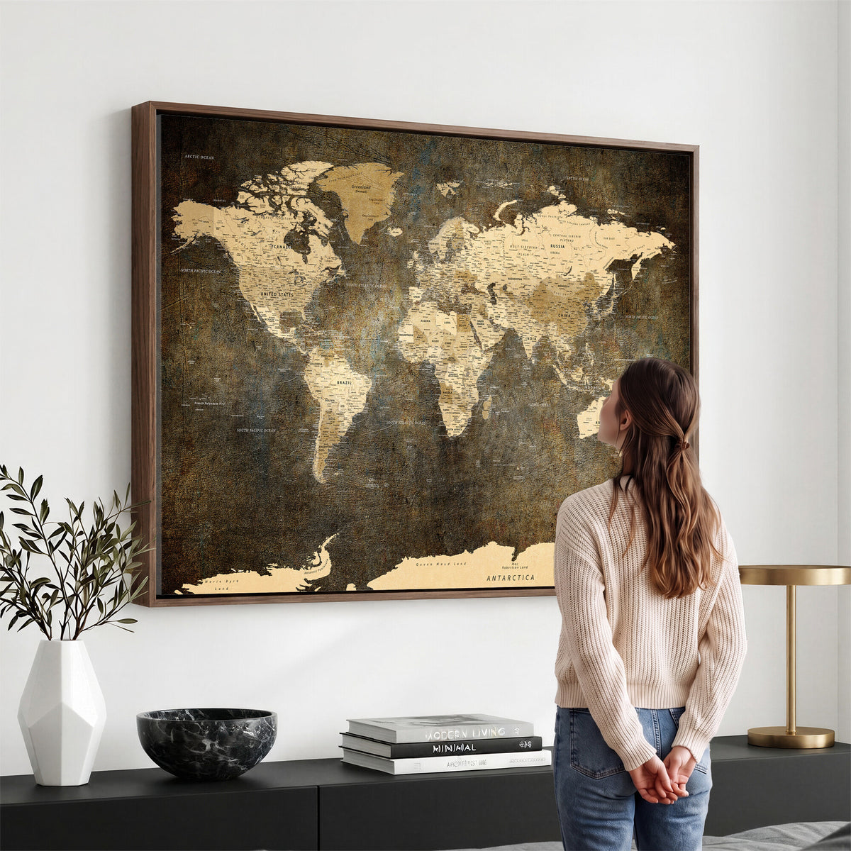 89742472-MGV-CV-36X24 - Large Framed Vintage World Map Wall Art Print for Home Wall