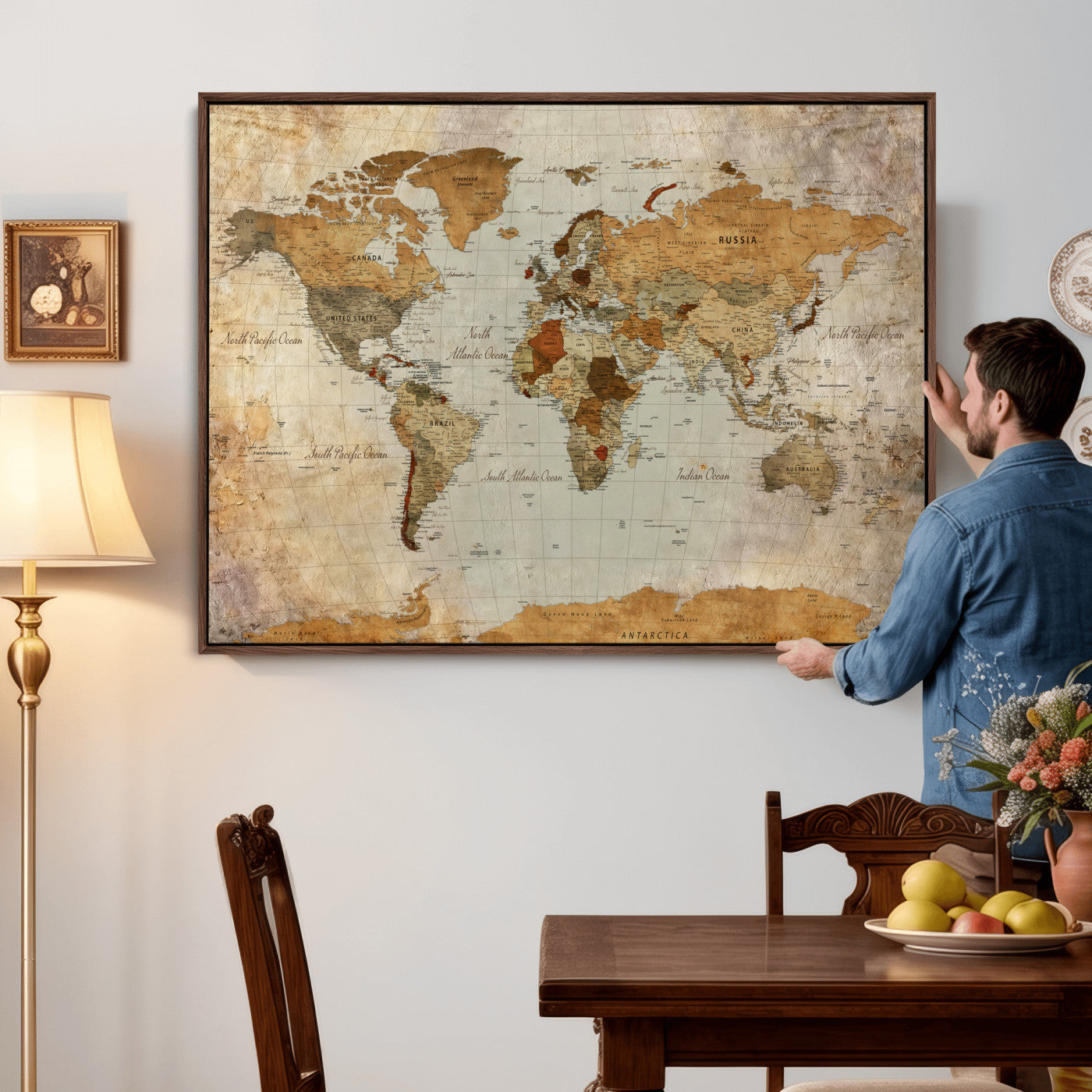 74176056-MGV-CV-36X24 - World Map Wall Art Canvas Print, Modern Decorative Framed Map Artwork Prints for Living Room, Office, Bedroom Wall Decor