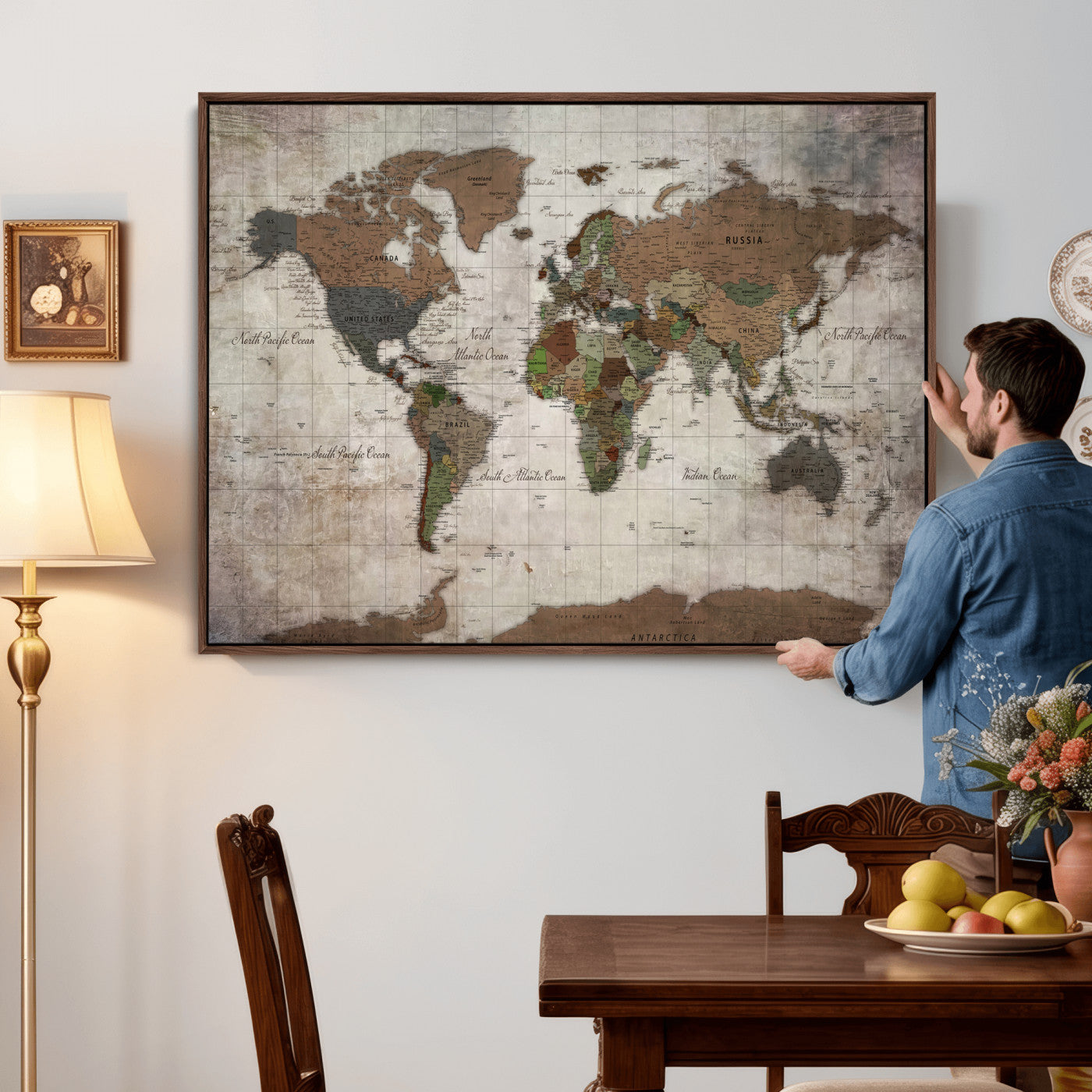 65393892-MGV-CV-36X24 - World Map Wall Art Canvas Print, Modern Decorative Framed Map Artwork Prints for Living Room, Office, Bedroom Wall Decor