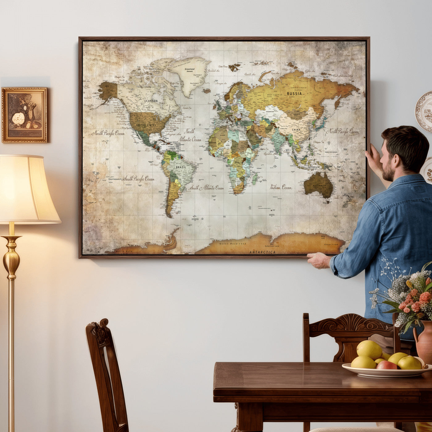 86108417-MGV-CV-36X24 - World Map Wall Art Canvas Print, Modern Decorative Framed Map Artwork Prints for Living Room, Office, Bedroom Wall Decor