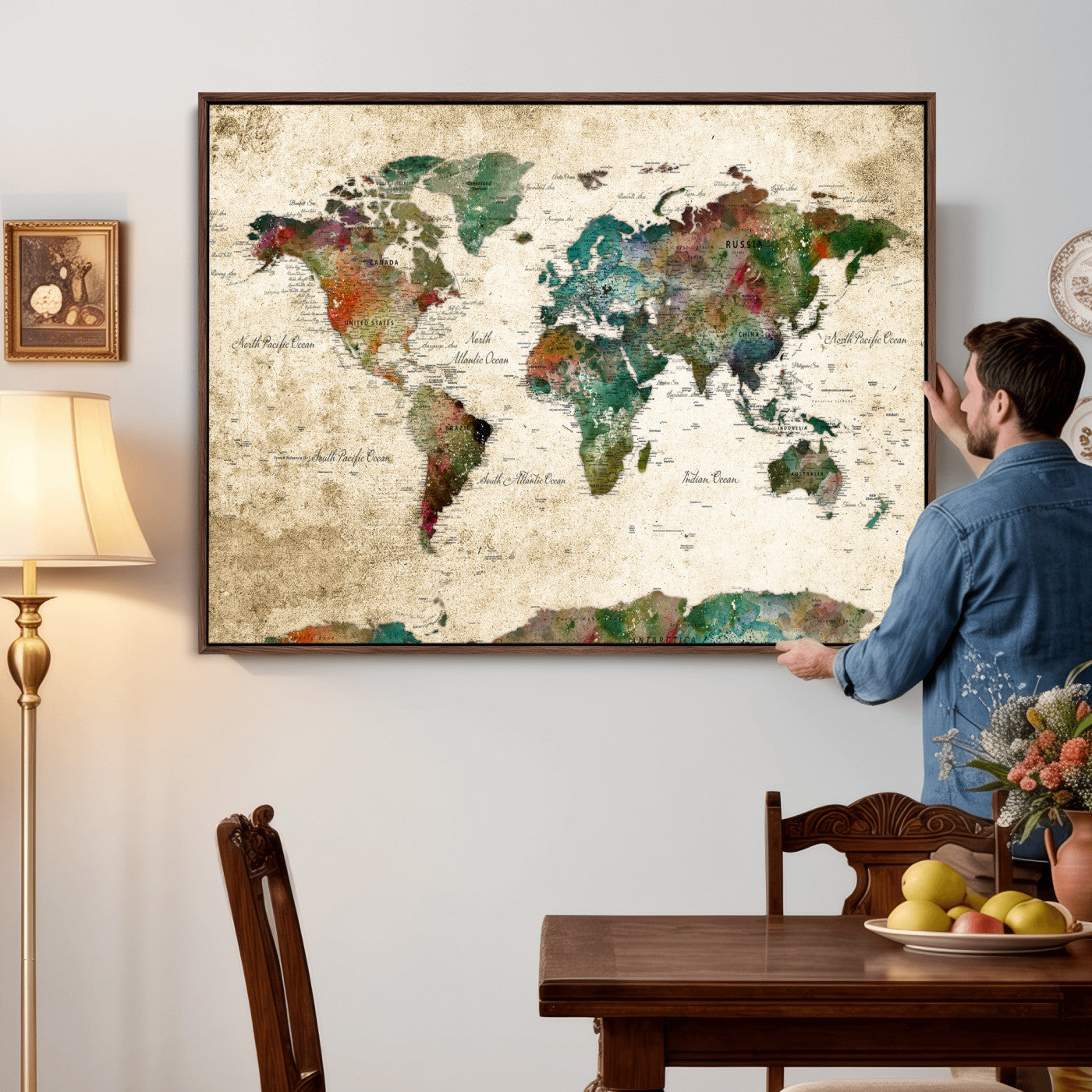 87544591-MGV-CV-36X24 - World Map Wall Art Canvas Print, Modern Decorative Framed Map Artwork Prints for Living Room, Office, Bedroom Wall Decor