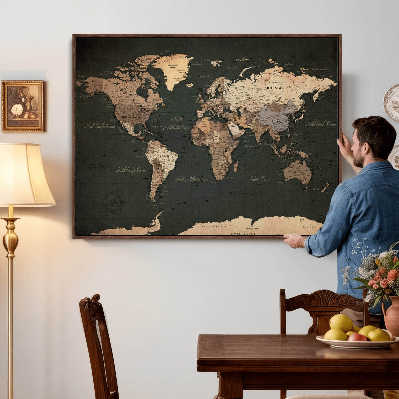 62059333-MGV-CV-36X24 - World Map Wall Art Canvas Print, Modern Decorative Framed Map Artwork Prints for Living Room, Office, Bedroom Wall Decor