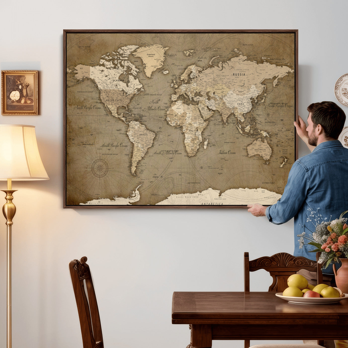 82314635-MGV-CV-36X24 - World Map Wall Art Canvas Print, Modern Decorative Framed Map Artwork Prints for Living Room, Office, Bedroom Wall Decor