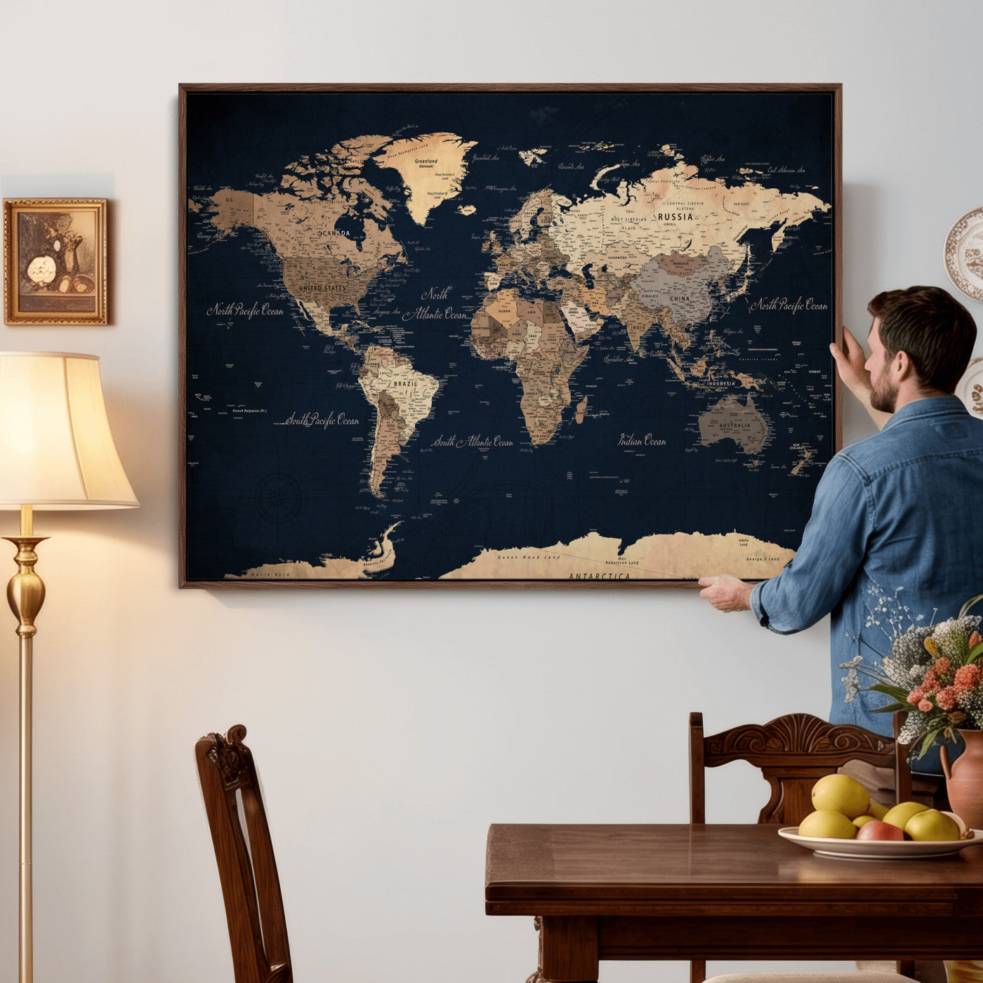 53971530-MGV-CV-36X24 - World Map Wall Art Canvas Print, Modern Decorative Framed Map Artwork Prints for Living Room, Office, Bedroom Wall Decor