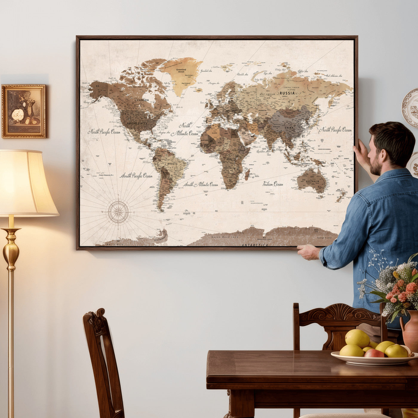 69860078-MGV-CV-36X24 - World Map Wall Art Canvas Print, Modern Decorative Framed Map Artwork Prints for Living Room, Office, Bedroom Wall Decor