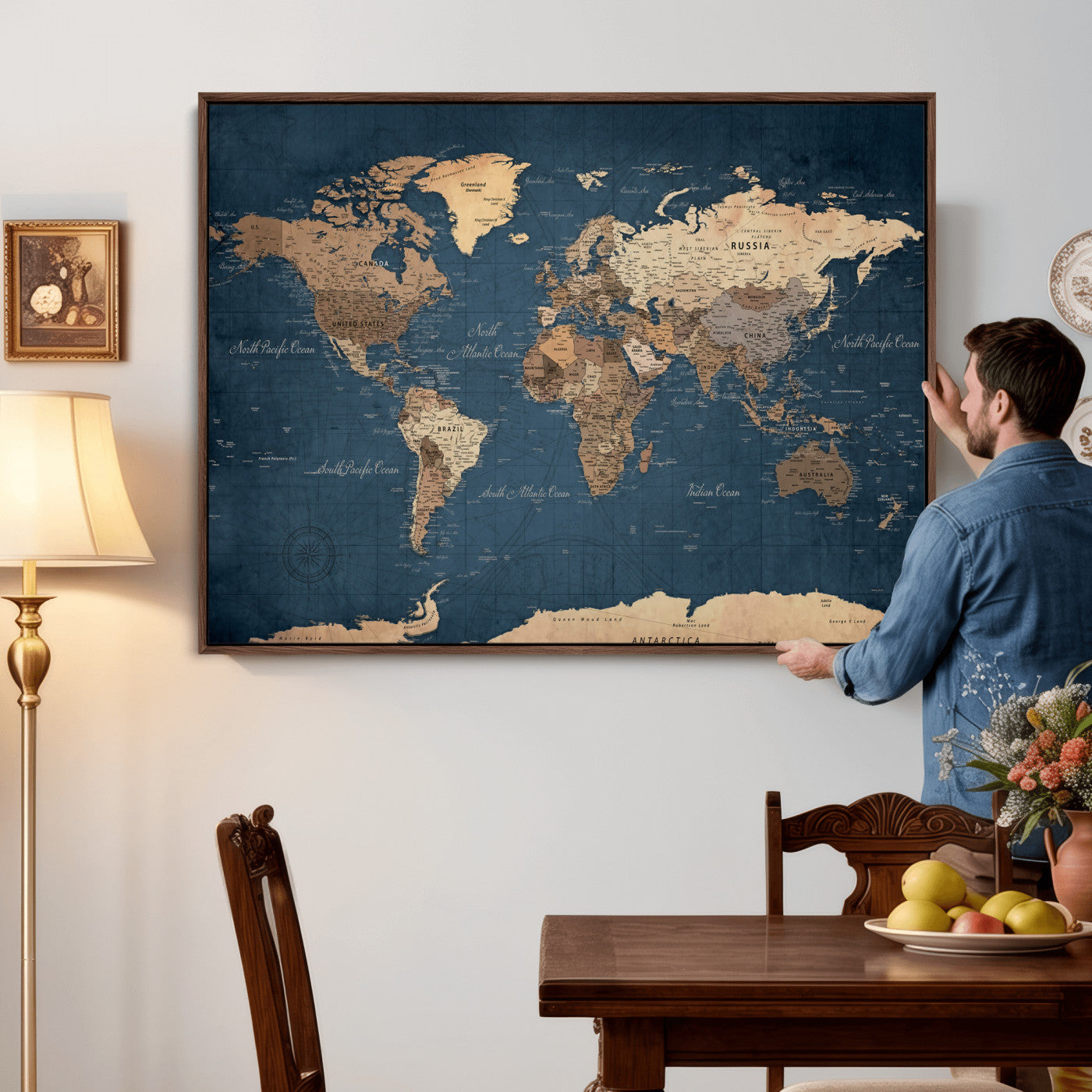 69886352-MGV-CV-36X24 - World Map Wall Art Canvas Print, Modern Decorative Framed Map Artwork Prints for Living Room, Office, Bedroom Wall Decor