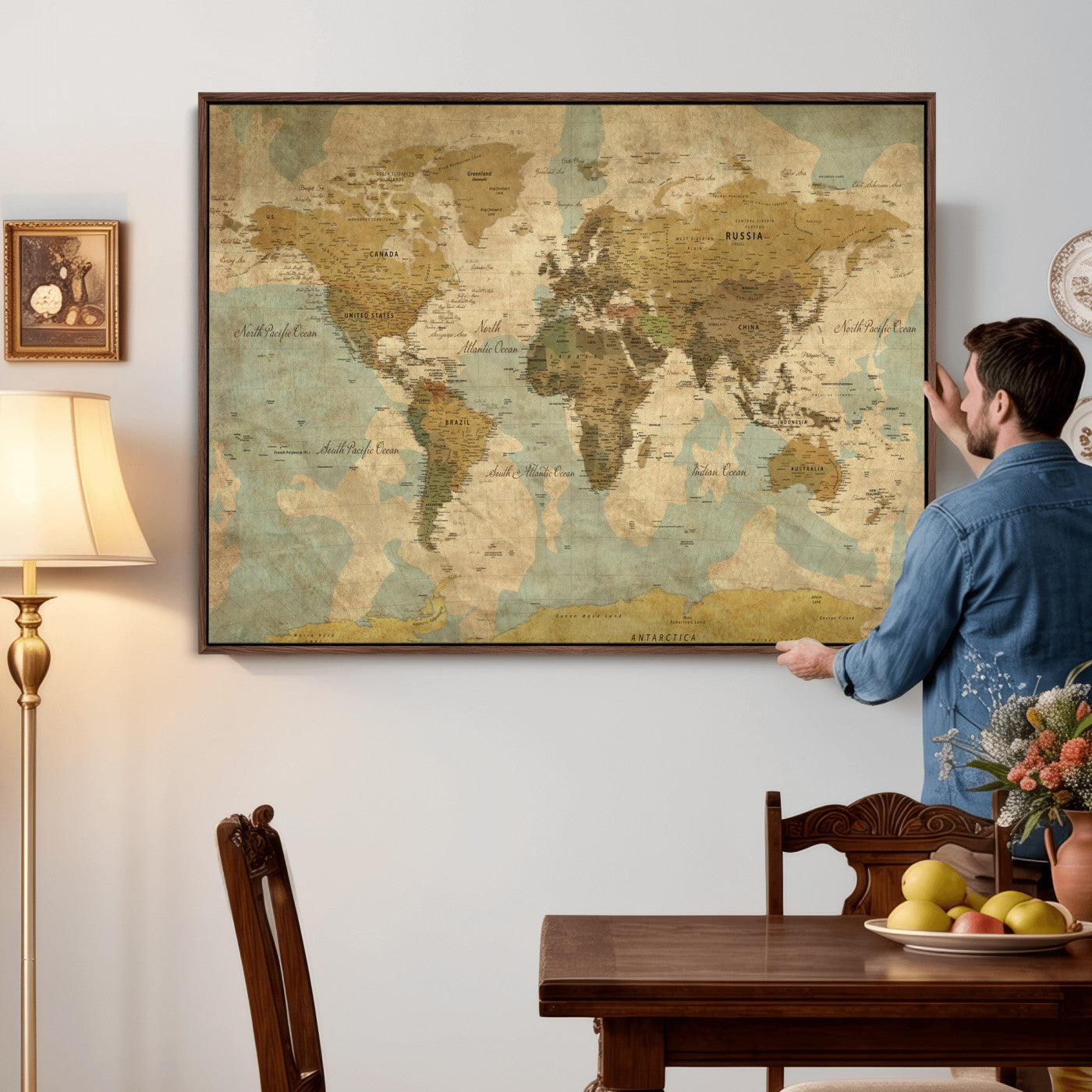 89356927-MGV-CV-36X24 - World Map Wall Art Canvas Print, Modern Decorative Framed Map Artwork Prints for Living Room, Office, Bedroom Wall Decor
