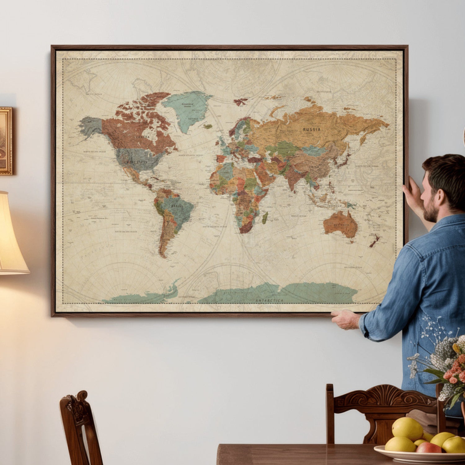68428598-MGV-CV-36X24 - World Map Wall Art Canvas Print, Modern Decorative Framed Map Artwork Prints for Living Room, Office, Bedroom Wall Decor
