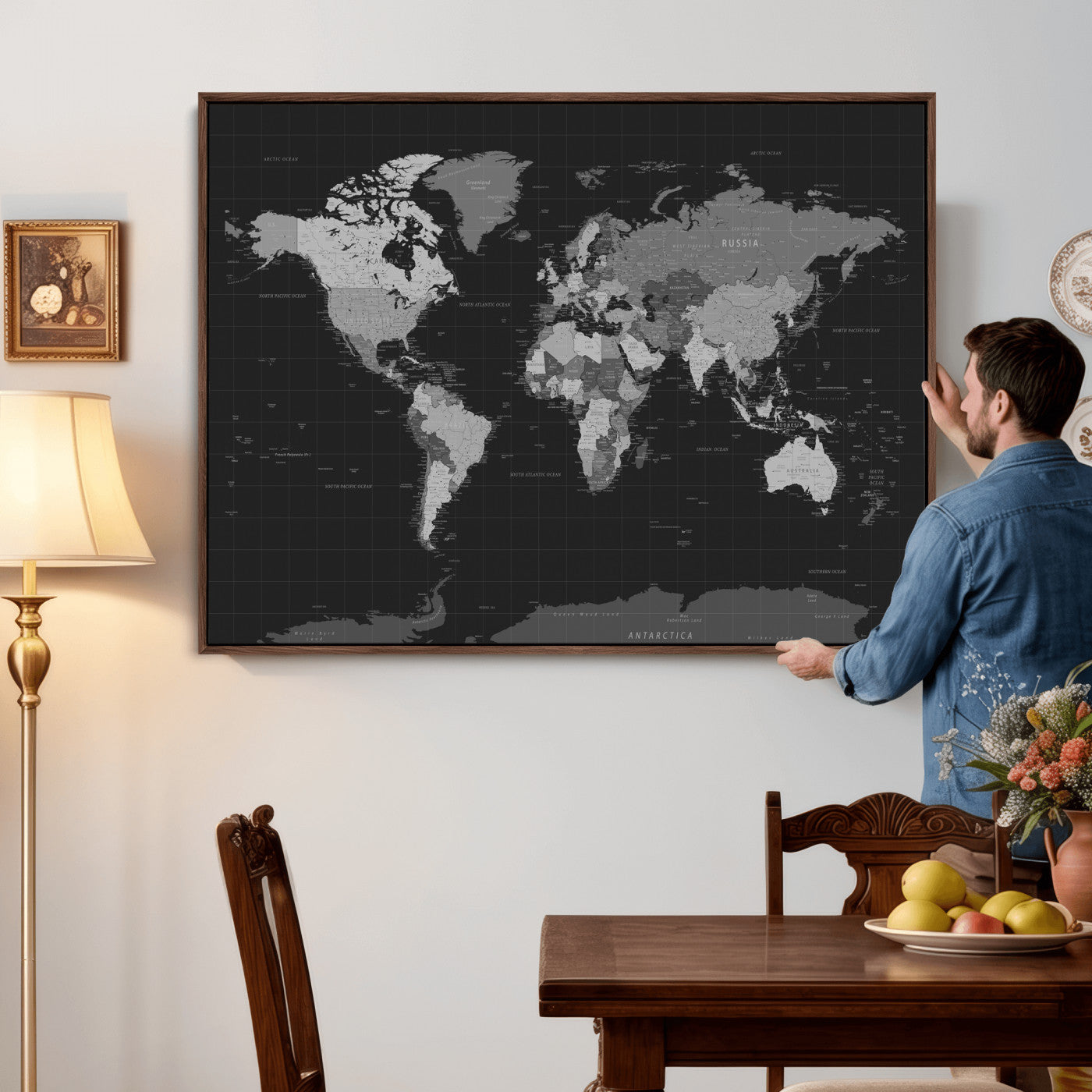 46160121-MGV-CV-36X24 - World Map Wall Art Canvas Print, Modern Decorative Framed Map Artwork Prints for Living Room, Office, Bedroom Wall Decor