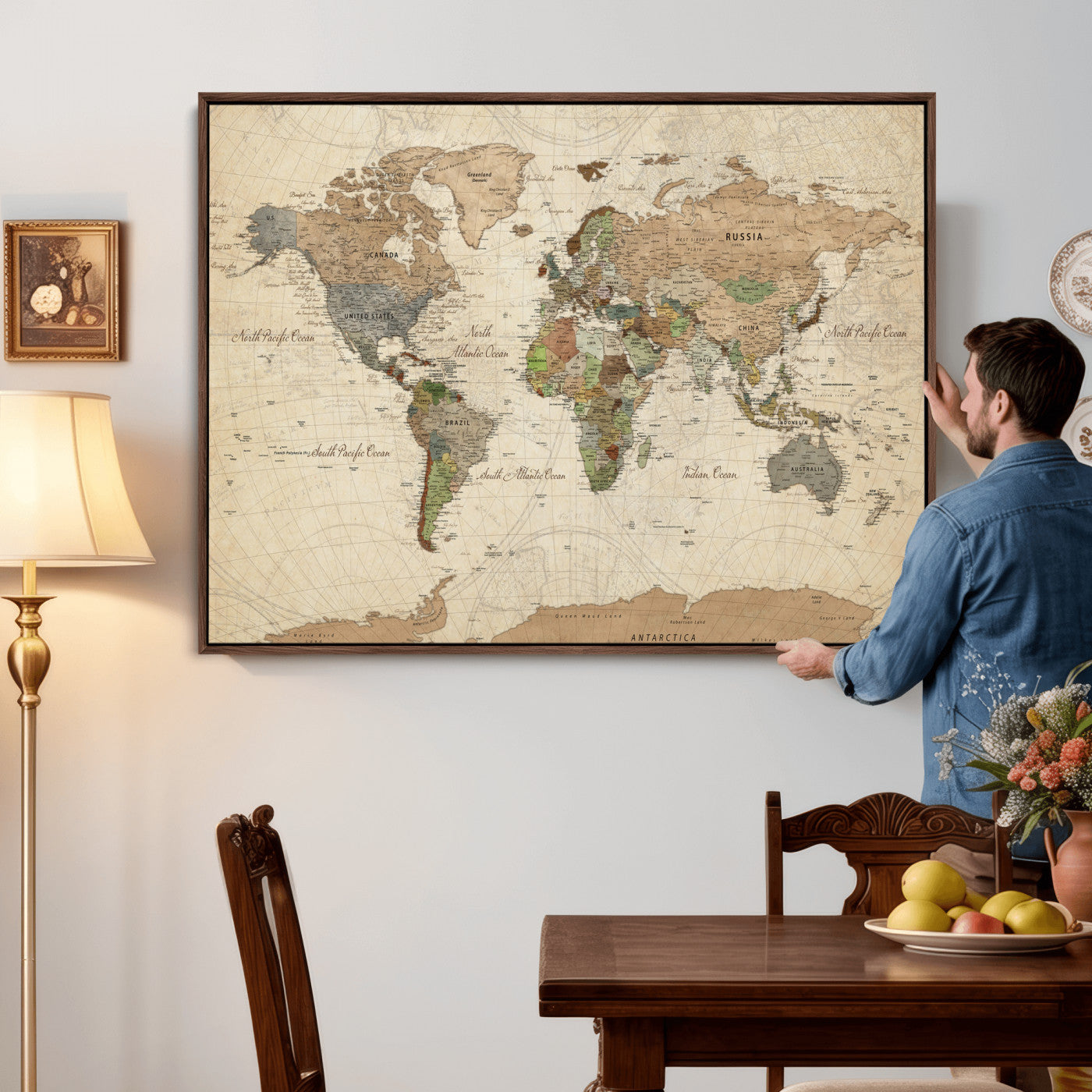 16856902-MGV-CV-36X24 - World Map Wall Art Canvas Print, Modern Decorative Framed Map Artwork Prints for Living Room, Office, Bedroom Wall Decor