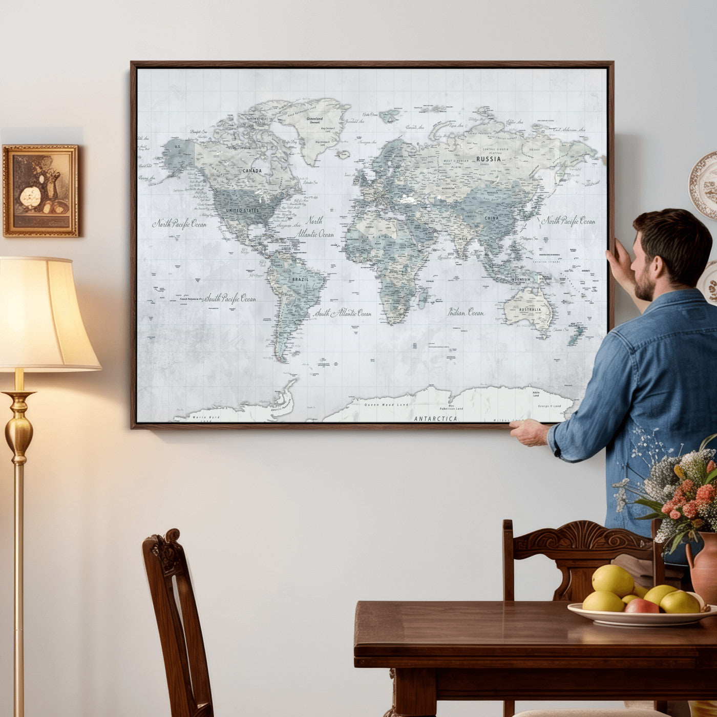 71091917-MGV-CV-36X24 - World Map Wall Art Canvas Print, Modern Decorative Framed Map Artwork Prints for Living Room, Office, Bedroom Wall Decor
