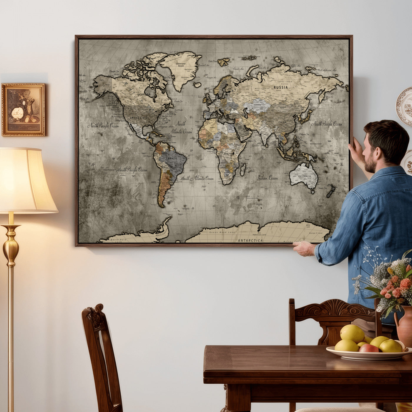 85218700-MGV-CV-36X24 - World Map Wall Art Canvas Print, Modern Decorative Framed Map Artwork Prints for Living Room, Office, Bedroom Wall Decor