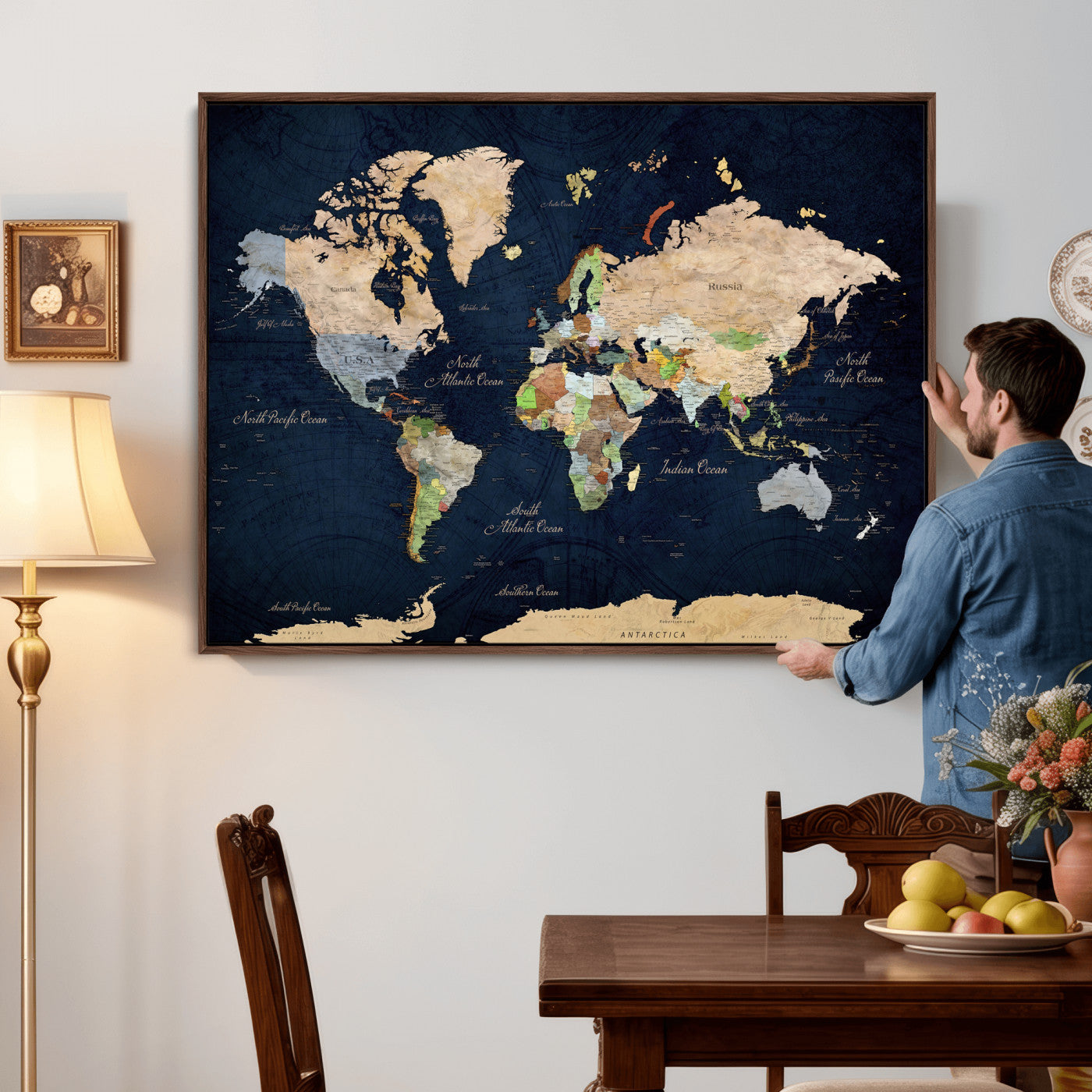 76603563-MGV-CV-36X24 - World Map Wall Art Canvas Print, Modern Decorative Framed Map Artwork Prints for Living Room, Office, Bedroom Wall Decor