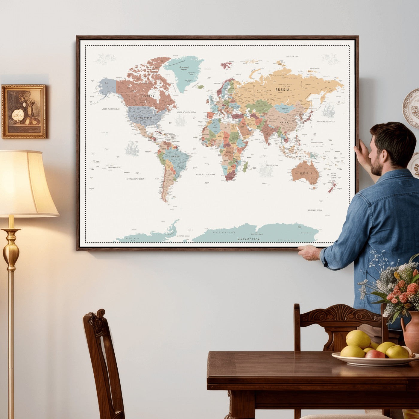 63447567-MGV-CV-36X24 - World Map Wall Art Canvas Print, Modern Decorative Framed Map Artwork Prints for Living Room, Office, Bedroom Wall Decor