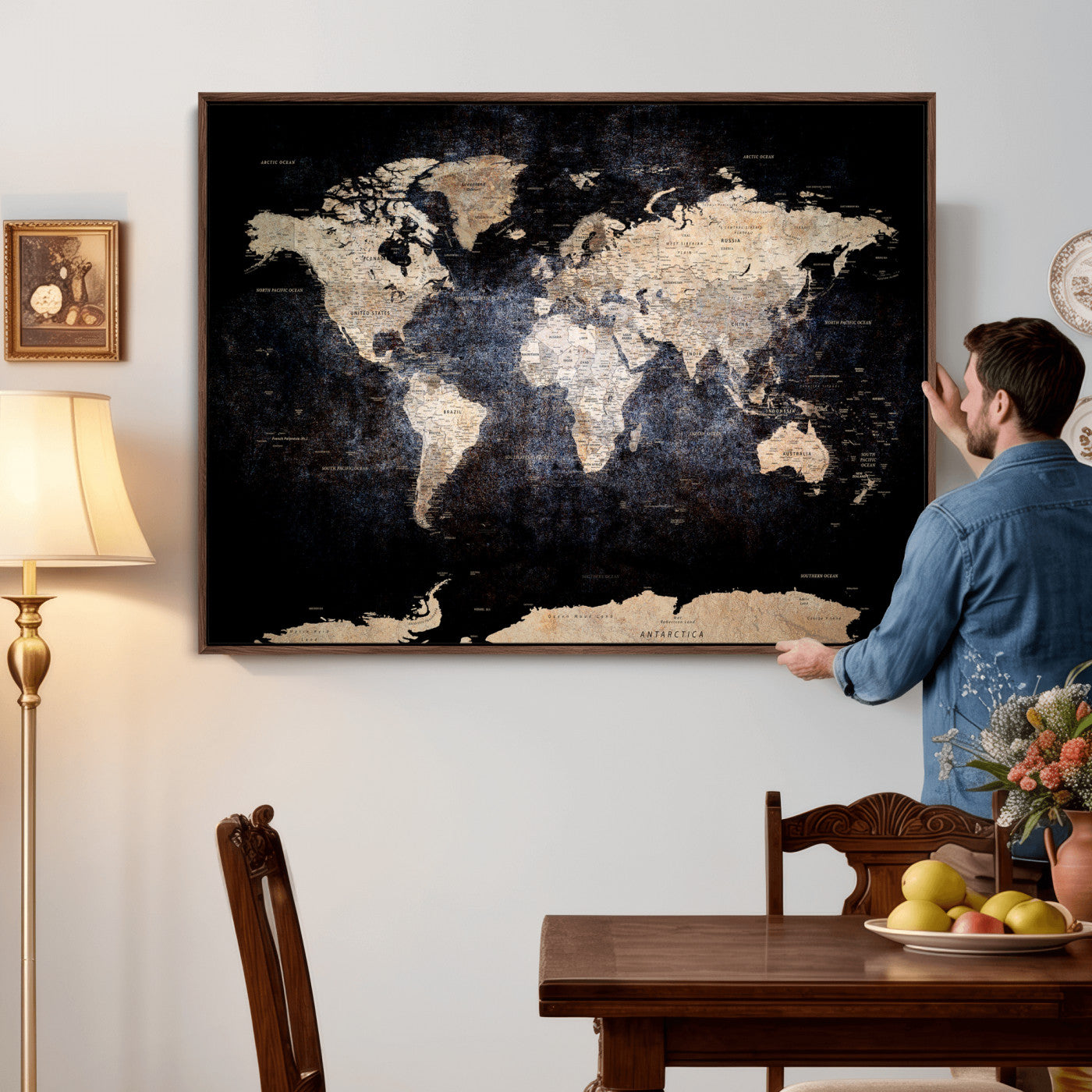 56713386-MGV-CV-36X24 - World Map Wall Art Canvas Print, Modern Decorative Framed Map Artwork Prints for Living Room, Office, Bedroom Wall Decor