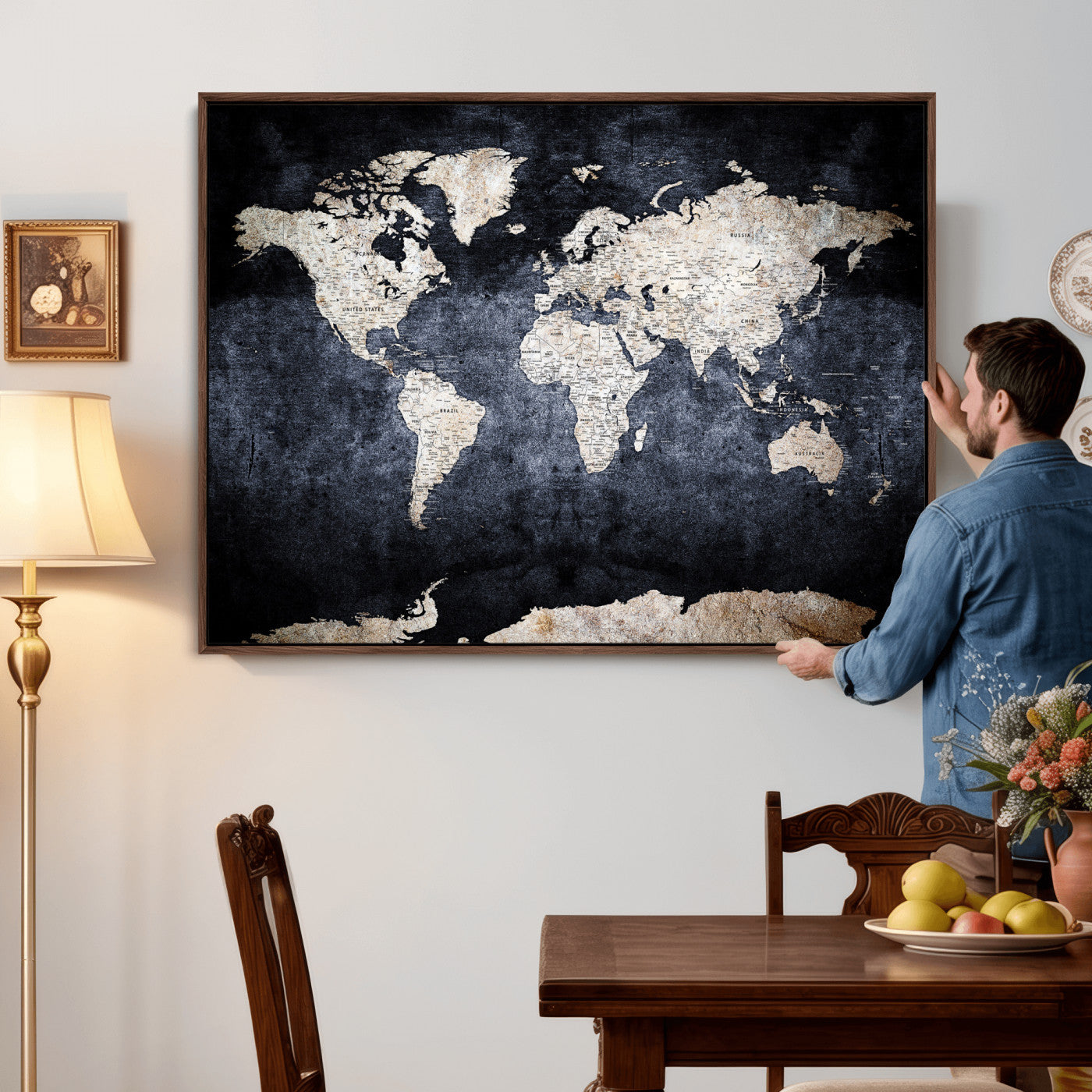 41193404-MGV-CV-36X24 - World Map Wall Art Canvas Print, Modern Decorative Framed Map Artwork Prints for Living Room, Office, Bedroom Wall Decor