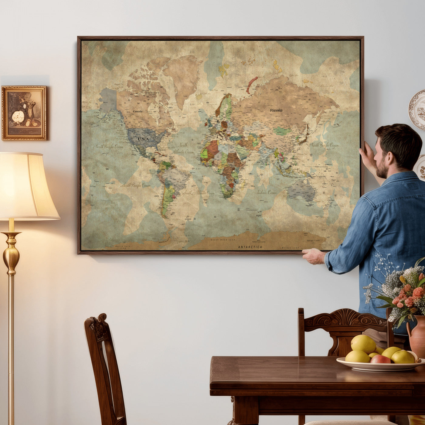 31492148-MGV-CV-36X24 - World Map Wall Art Canvas Print, Modern Decorative Framed Map Artwork Prints for Living Room, Office, Bedroom Wall Decor