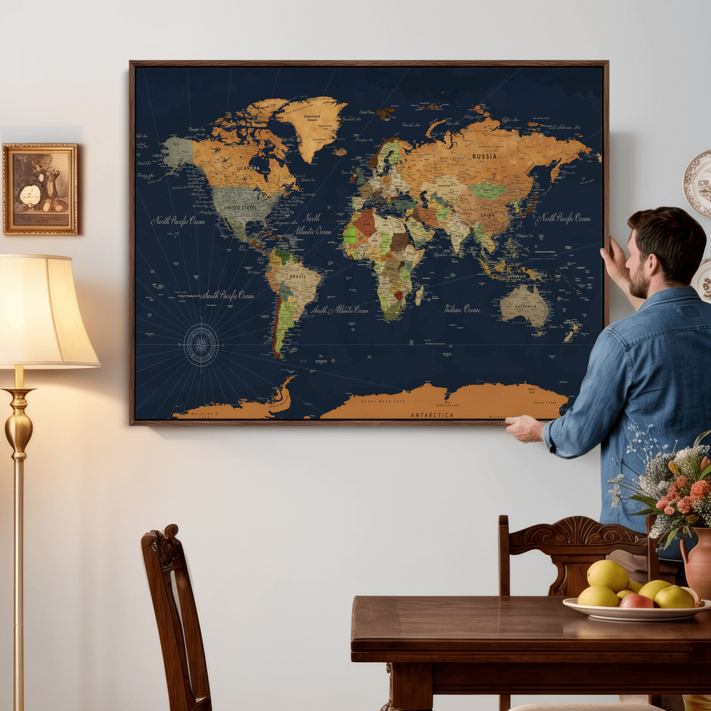11715182-MGV-CV-36X24 - World Map Wall Art Canvas Print, Modern Decorative Framed Map Artwork Prints for Living Room, Office, Bedroom Wall Decor