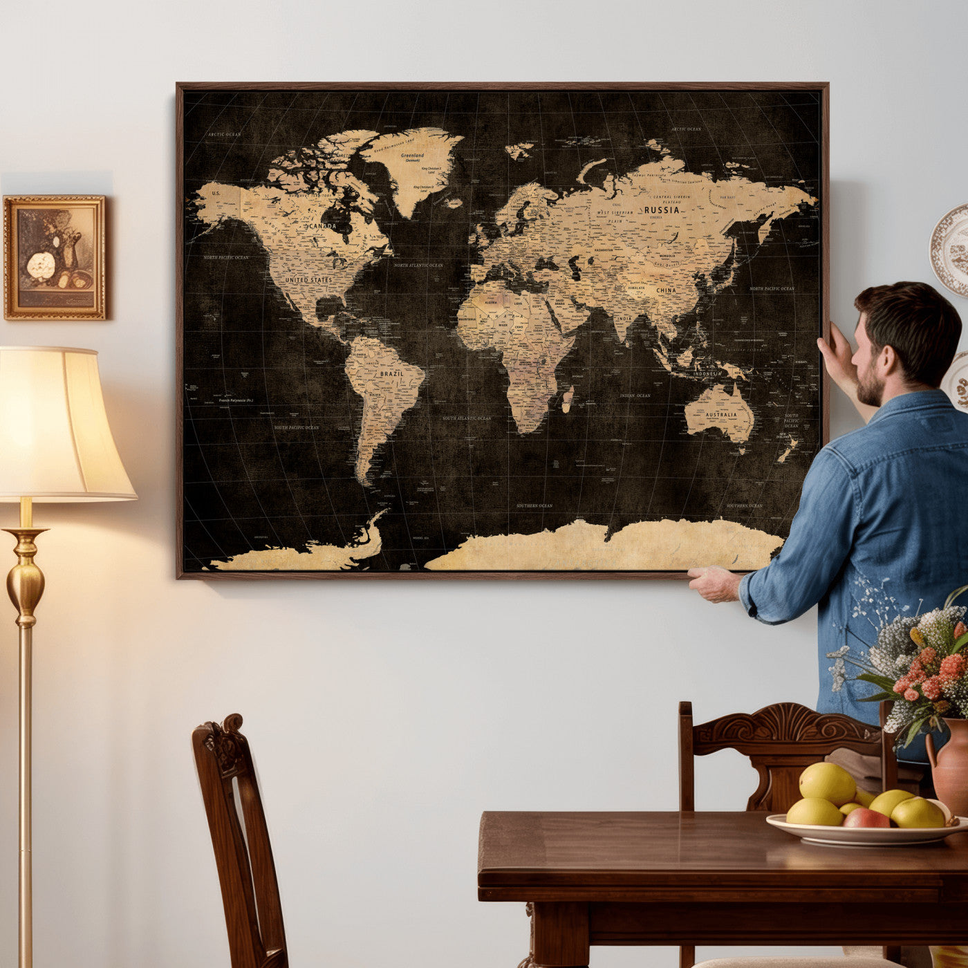 17790470-MGV-CV-36X24 - World Map Wall Art Canvas Print, Modern Decorative Framed Map Artwork Prints for Living Room, Office, Bedroom Wall Decor