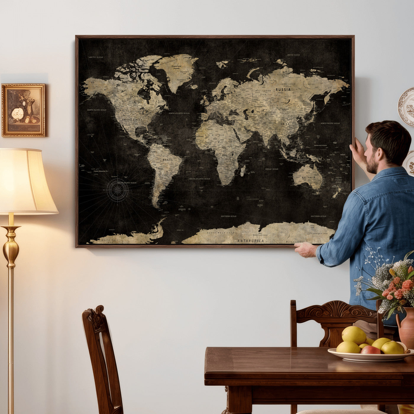 60653880-MGV-CV-36X24 - World Map Wall Art Canvas Print, Modern Decorative Framed Map Artwork Prints for Living Room, Office, Bedroom Wall Decor