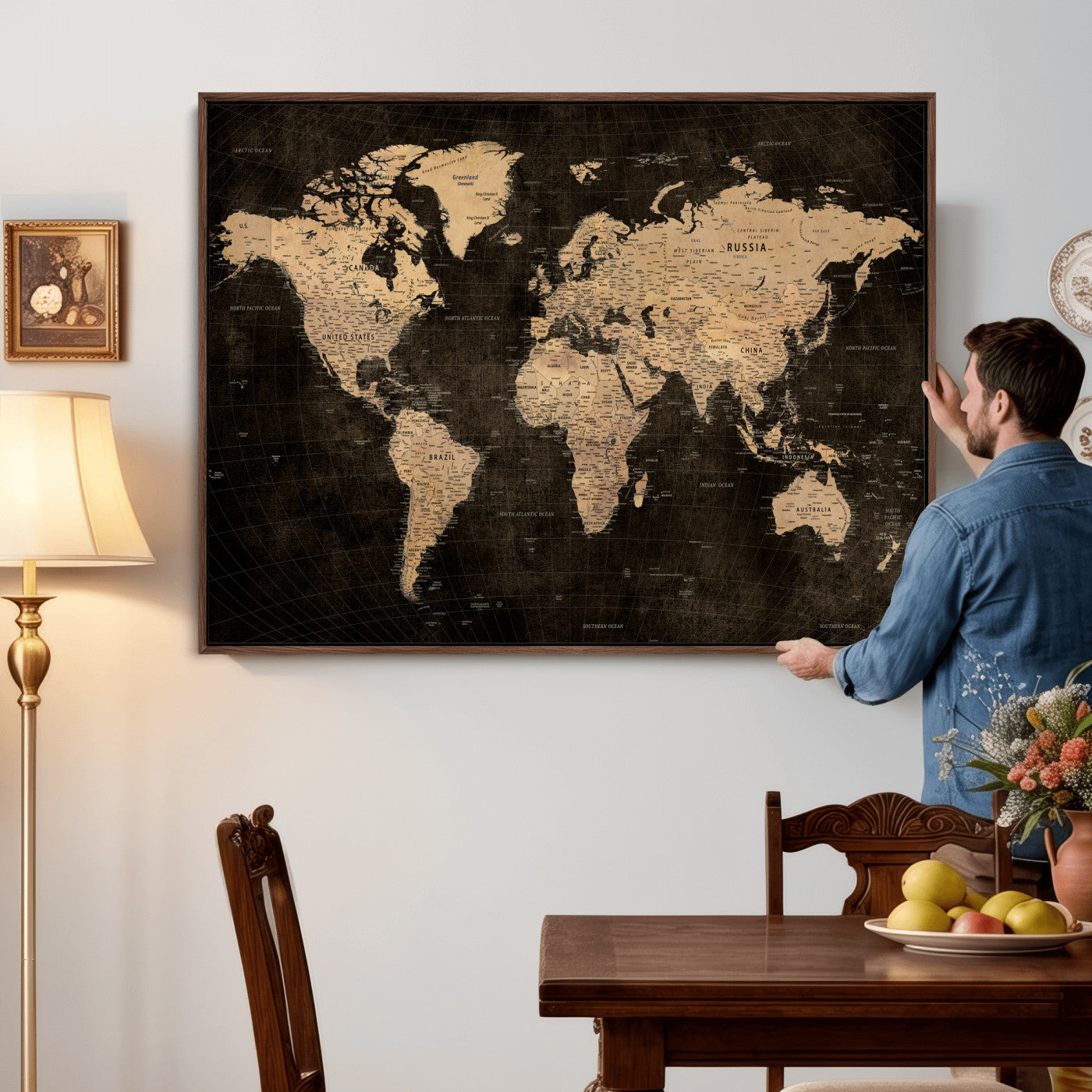 15118265-MGV-CV-36X24 - World Map Wall Art Canvas Print, Modern Decorative Framed Map Artwork Prints for Living Room, Office, Bedroom Wall Decor
