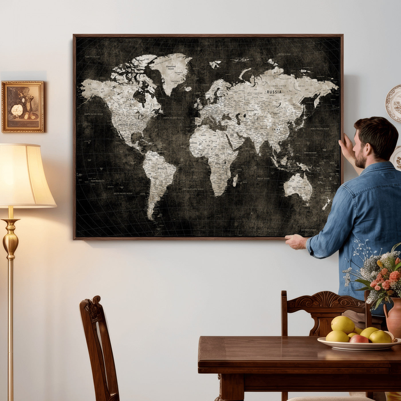 94581666-MGV-CV-36X24 - World Map Wall Art Canvas Print, Modern Decorative Framed Map Artwork Prints for Living Room, Office, Bedroom Wall Decor