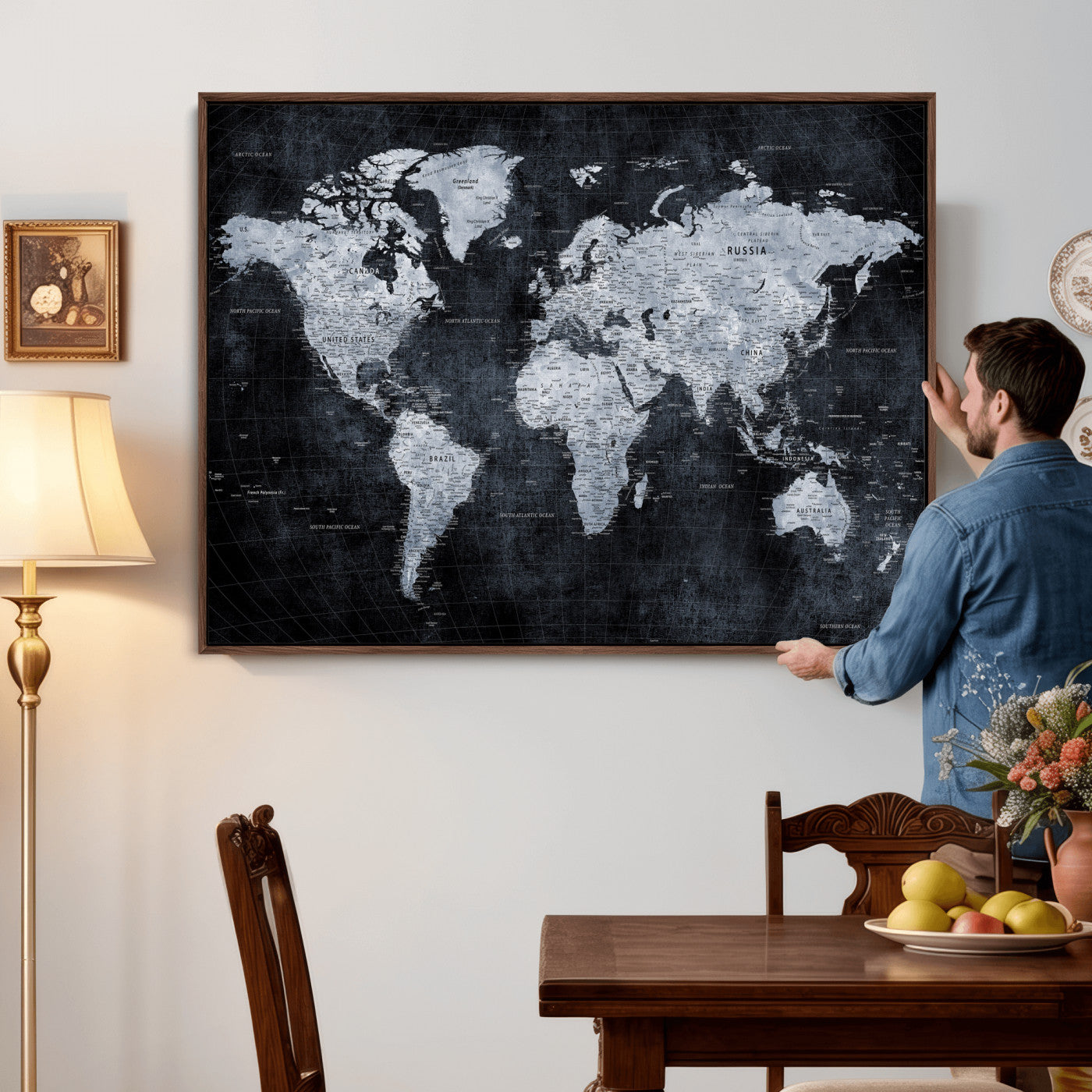 86893704-MGV-CV-36X24 - World Map Wall Art Canvas Print, Modern Decorative Framed Map Artwork Prints for Living Room, Office, Bedroom Wall Decor