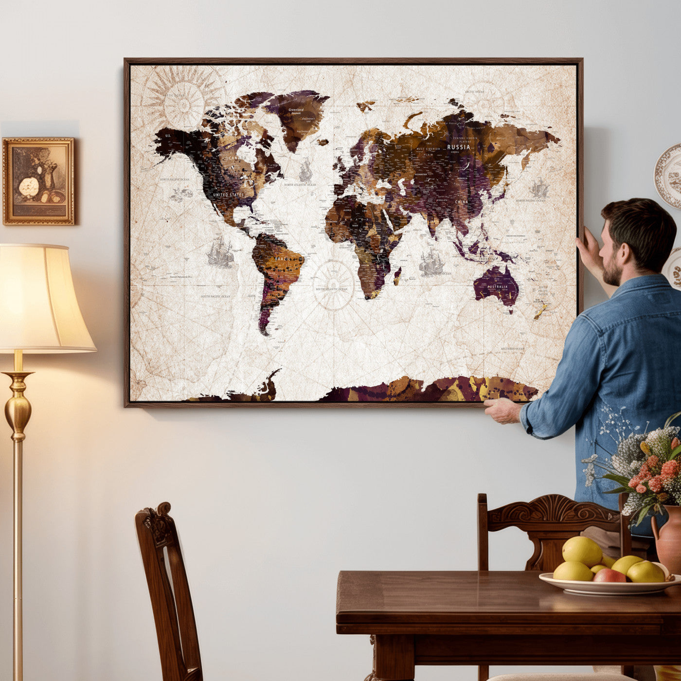 53400857-MGV-CV-36X24 - World Map Wall Art Canvas Print, Modern Decorative Framed Map Artwork Prints for Living Room, Office, Bedroom Wall Decor
