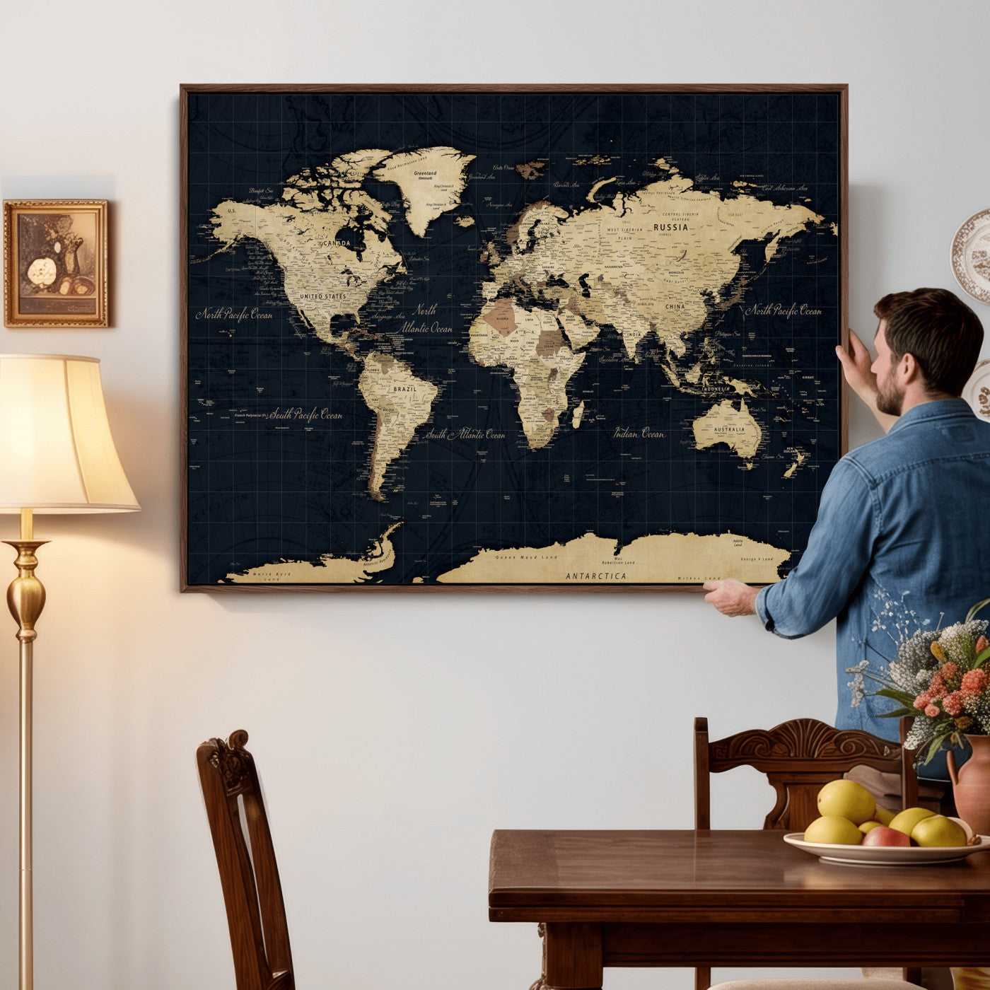 45063434-MGV-CV-36X24 - World Map Wall Art Canvas Print, Modern Decorative Framed Map Artwork Prints for Living Room, Office, Bedroom Wall Decor