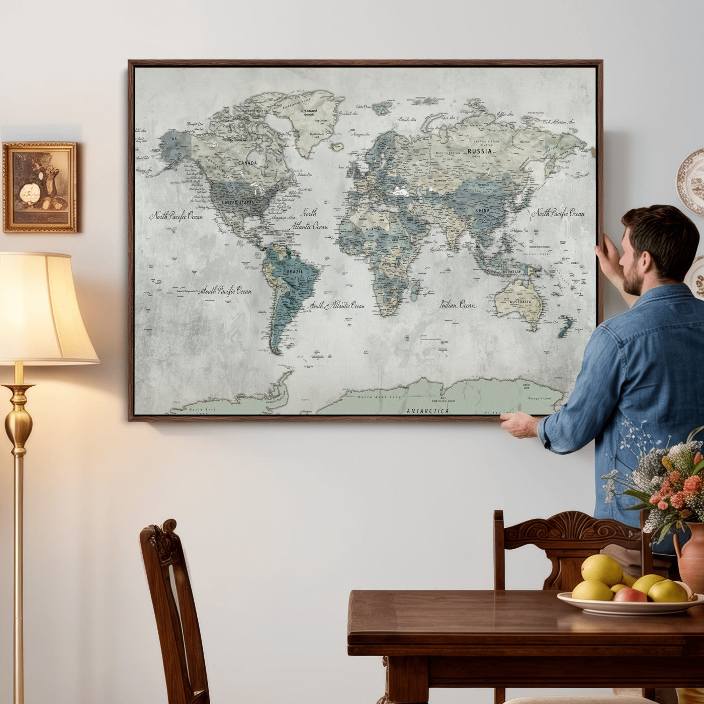 91132939-MGV-CV-36X24 - World Map Wall Art Canvas Print, Modern Decorative Framed Map Artwork Prints for Living Room, Office, Bedroom Wall Decor