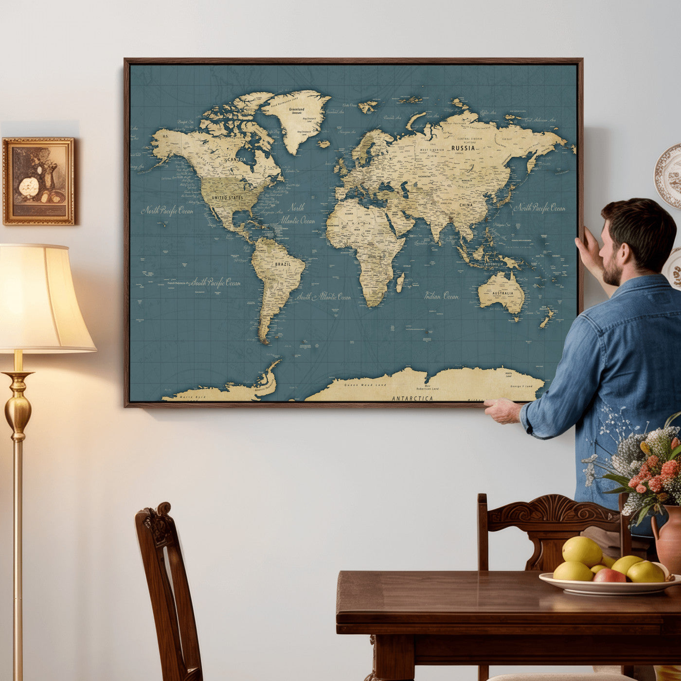 99599383-MGV-CV-36X24 - World Map Wall Art Canvas Print, Modern Decorative Framed Map Artwork Prints for Living Room, Office, Bedroom Wall Decor