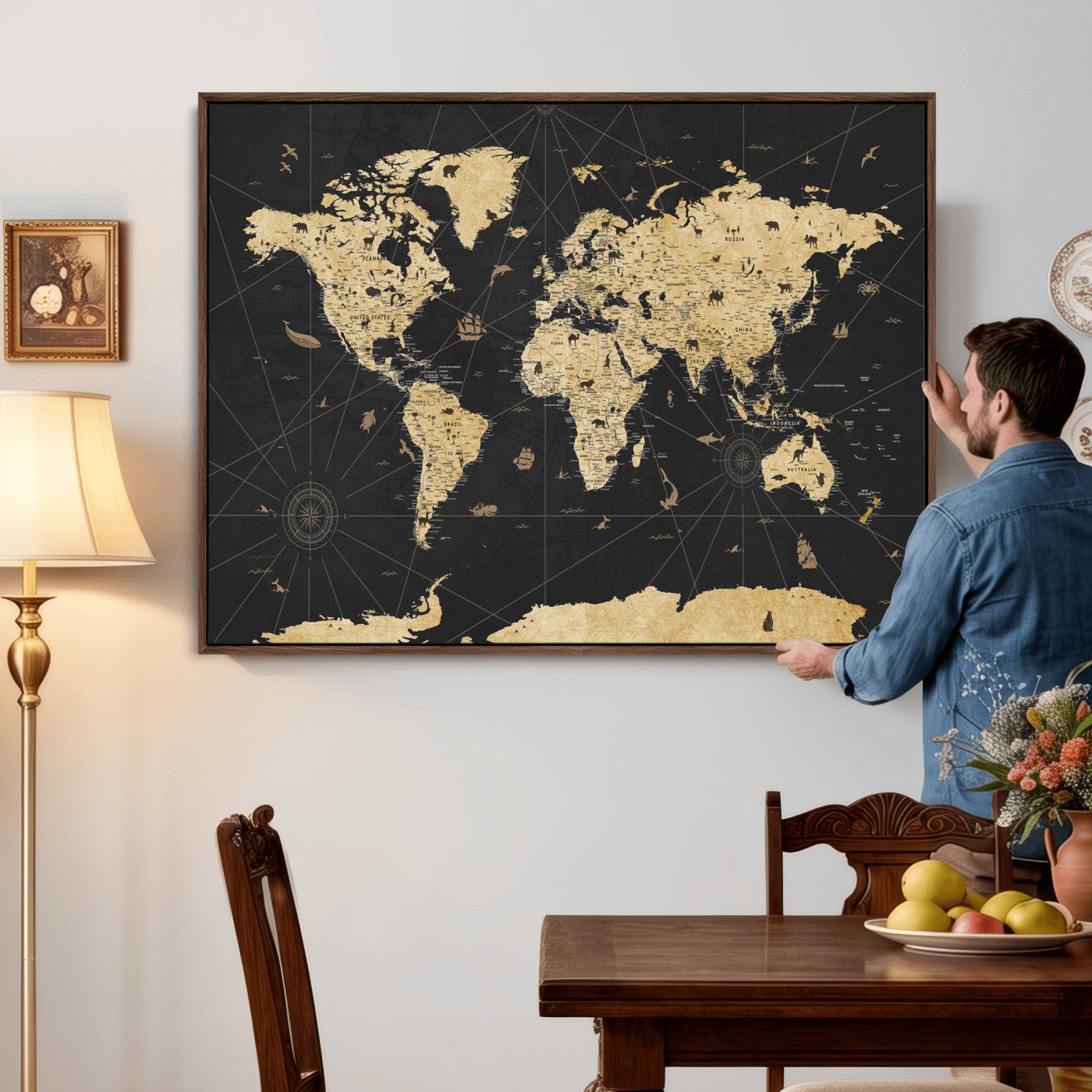80270976-MGV-CV-36X24 - World Map Wall Art Canvas Print, Modern Decorative Framed Map Artwork Prints for Living Room, Office, Bedroom Wall Decor