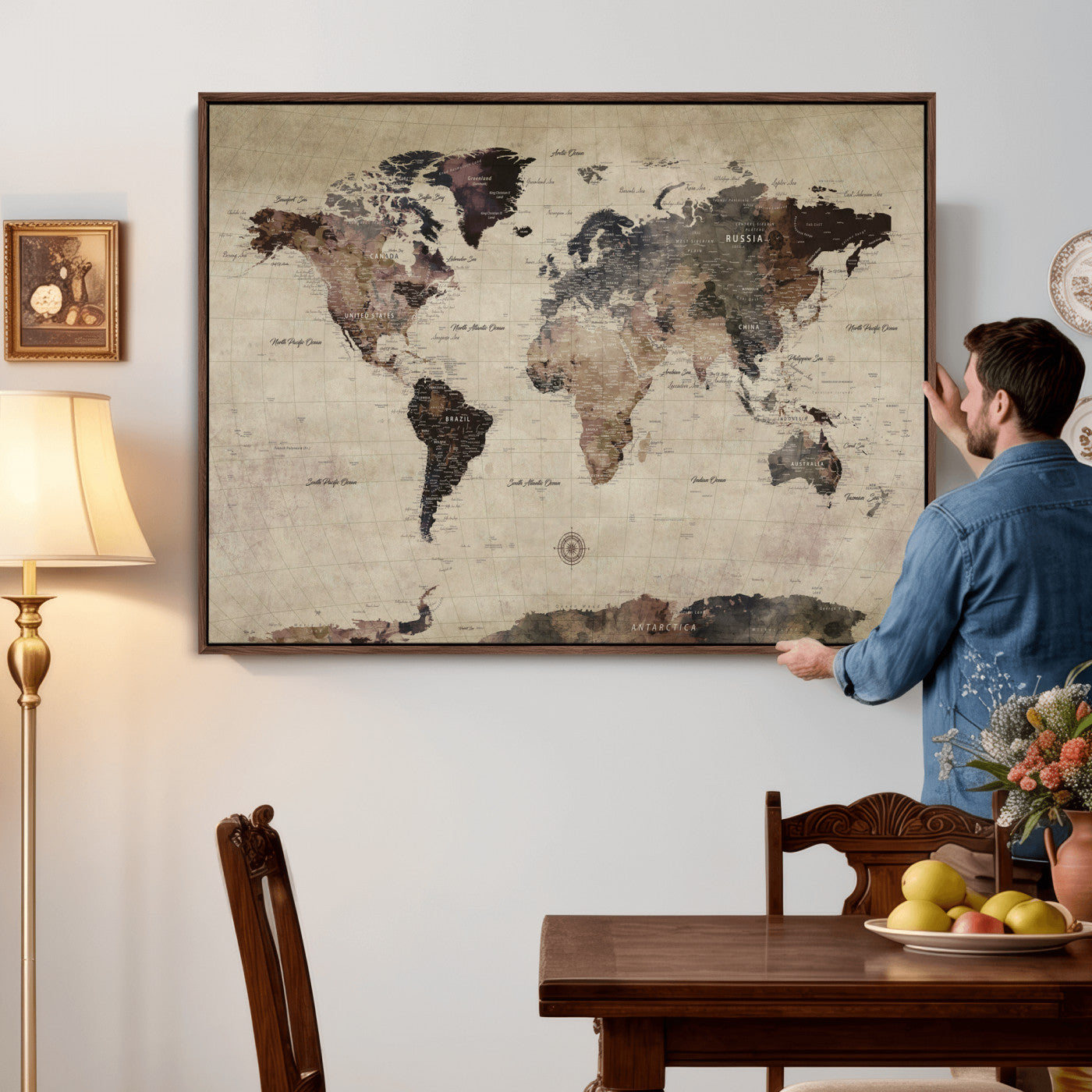 60560672-MGV-CV-36X24 - World Map Wall Art Canvas Print, Modern Decorative Framed Map Artwork Prints for Living Room, Office, Bedroom Wall Decor