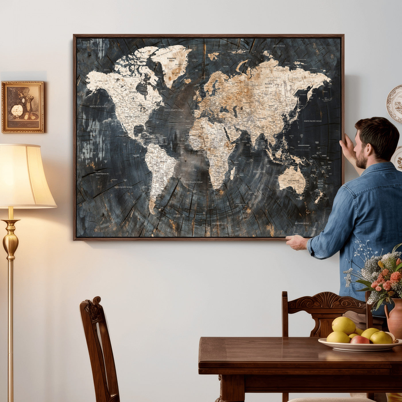 89162112-MGV-CV-36X24 - World Map Wall Art Canvas Print, Modern Decorative Framed Map Artwork Prints for Living Room, Office, Bedroom Wall Decor