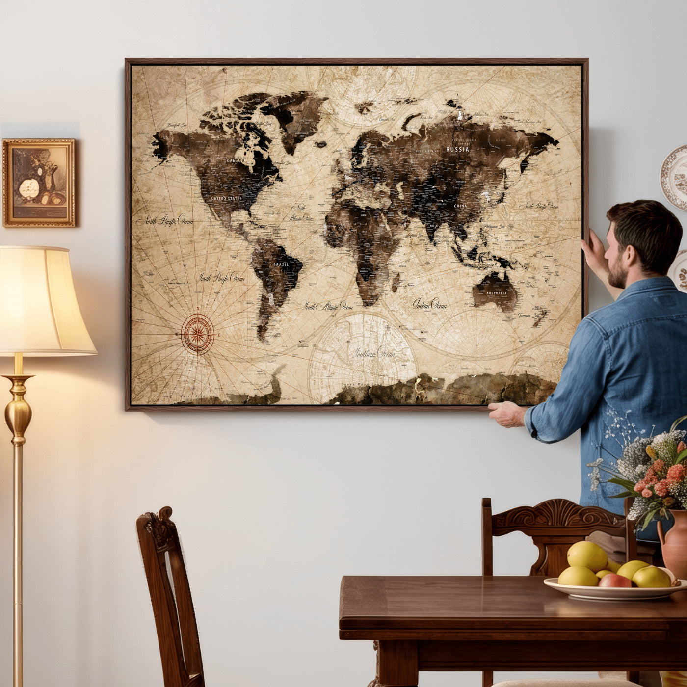 47657418-MGV-CV-36X24 - World Map Wall Art Canvas Print, Modern Decorative Framed Map Artwork Prints for Living Room, Office, Bedroom Wall Decor