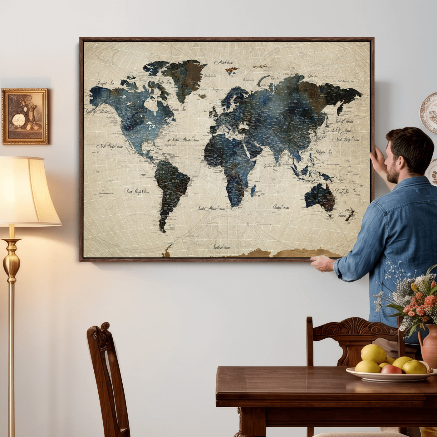 72927803-MGV-CV-36X24 - World Map Wall Art Canvas Print, Modern Decorative Framed Map Artwork Prints for Living Room, Office, Bedroom Wall Decor