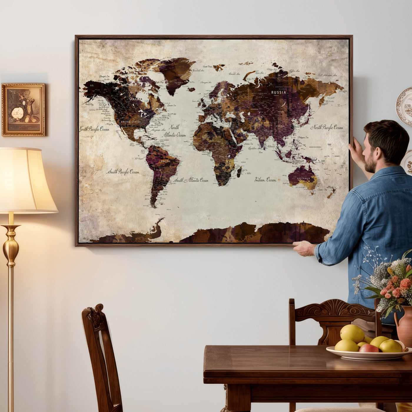 50611123-MGV-CV-36X24 - World Map Canvas Triptych – Colorful Global Wall Art for Living Rooms, Offices, and Study Spaces