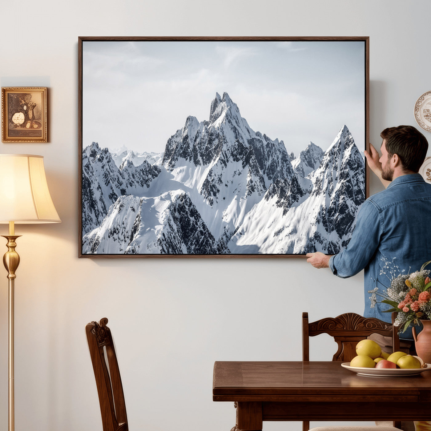 33126265-MGV-CV-36X24 - Snowy Mountain Range Canvas Print, Alpine Peaks Landscape Wall Art, Framed Canvas Ready to Hang
