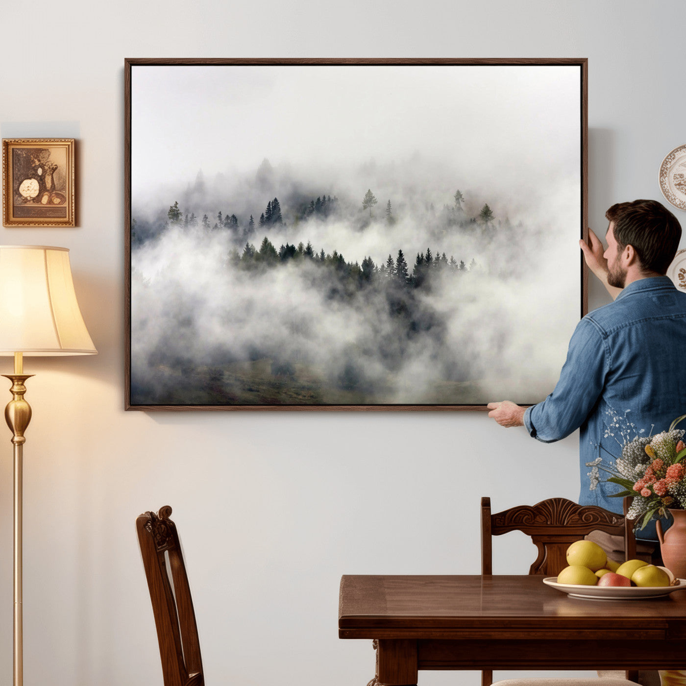 63235457-MGV-CV-36X24 - Foggy Forest Wall Art Canvas Print, Misty Pine Tree Landscape Wall Art Print, Framed Wall Art Ready to Hang