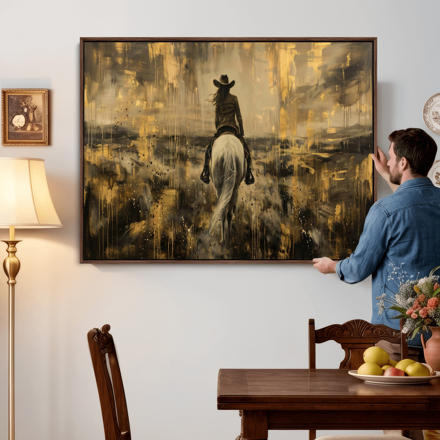 20465530-MGV-CV-36X24 - Cowgirl Wall Art Canvas Print, Western Horse Rider Wall Art, Framed Wall Art Ready to Hang