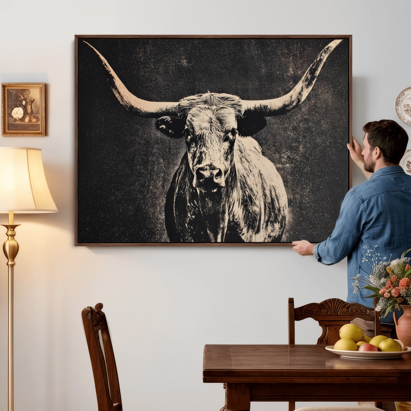 27394218-MGV-CV-36X24 - Vintage Texas Longhorn Bull Wall Art Canvas Print, Cow Portrait Photography Print, Framed Wall Art Ready to Hang