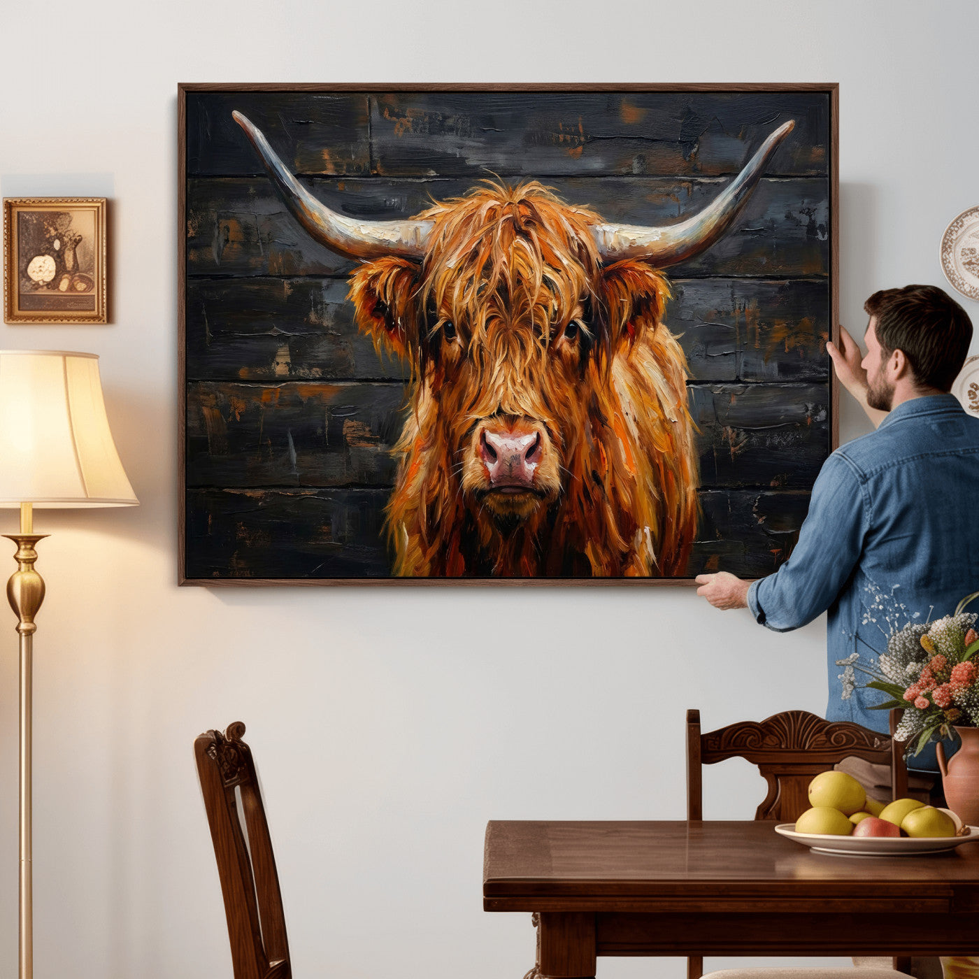 32536611-MGV-CV-36X24 - Highland Cow Wall Art Canvas Print, Rustic Farm Animal Painting, Framed Wall Art Ready to Hang