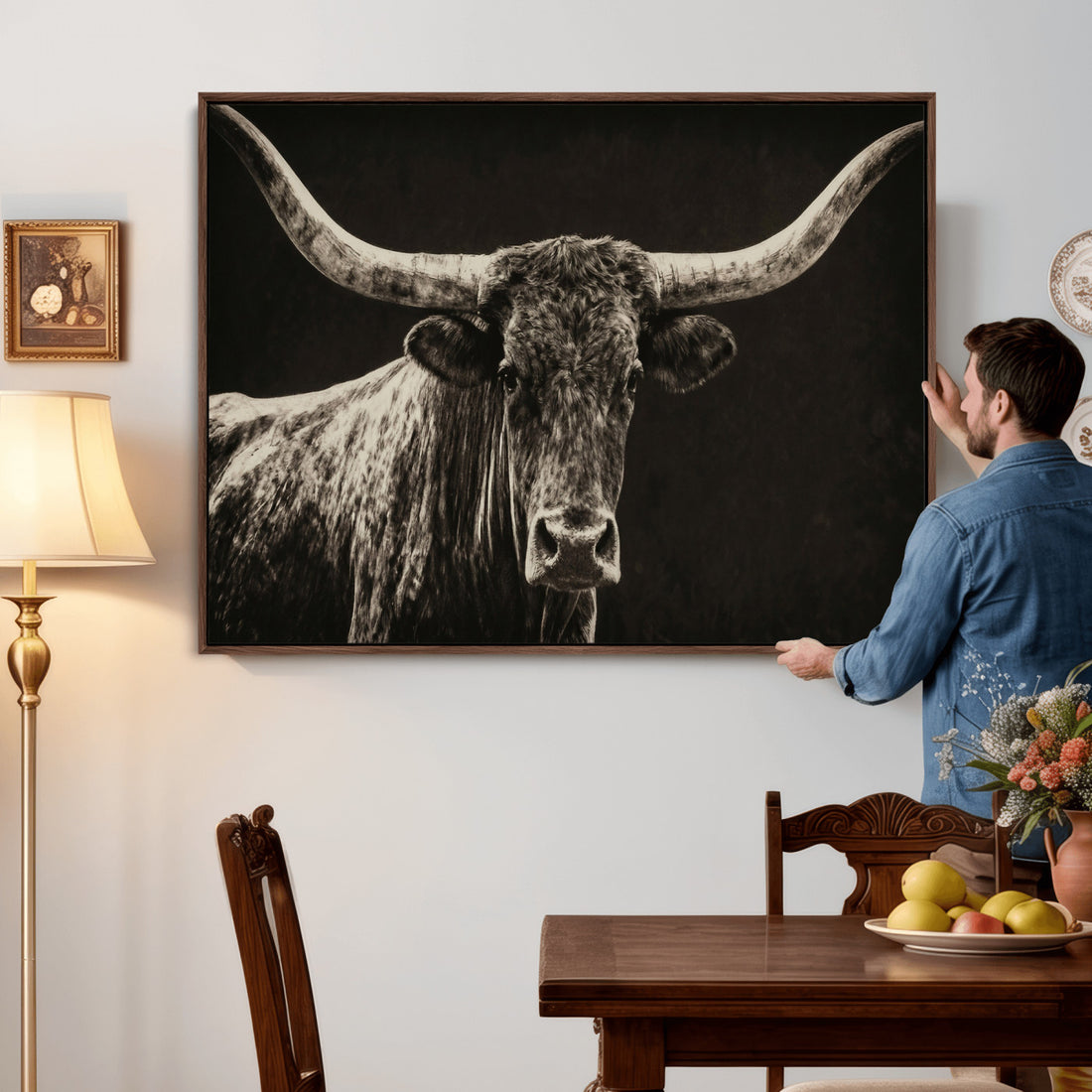 Vintage Texas Longhorn Bull Wall Art Canvas Print, Cow Portrait, Framed and Ready to Hang