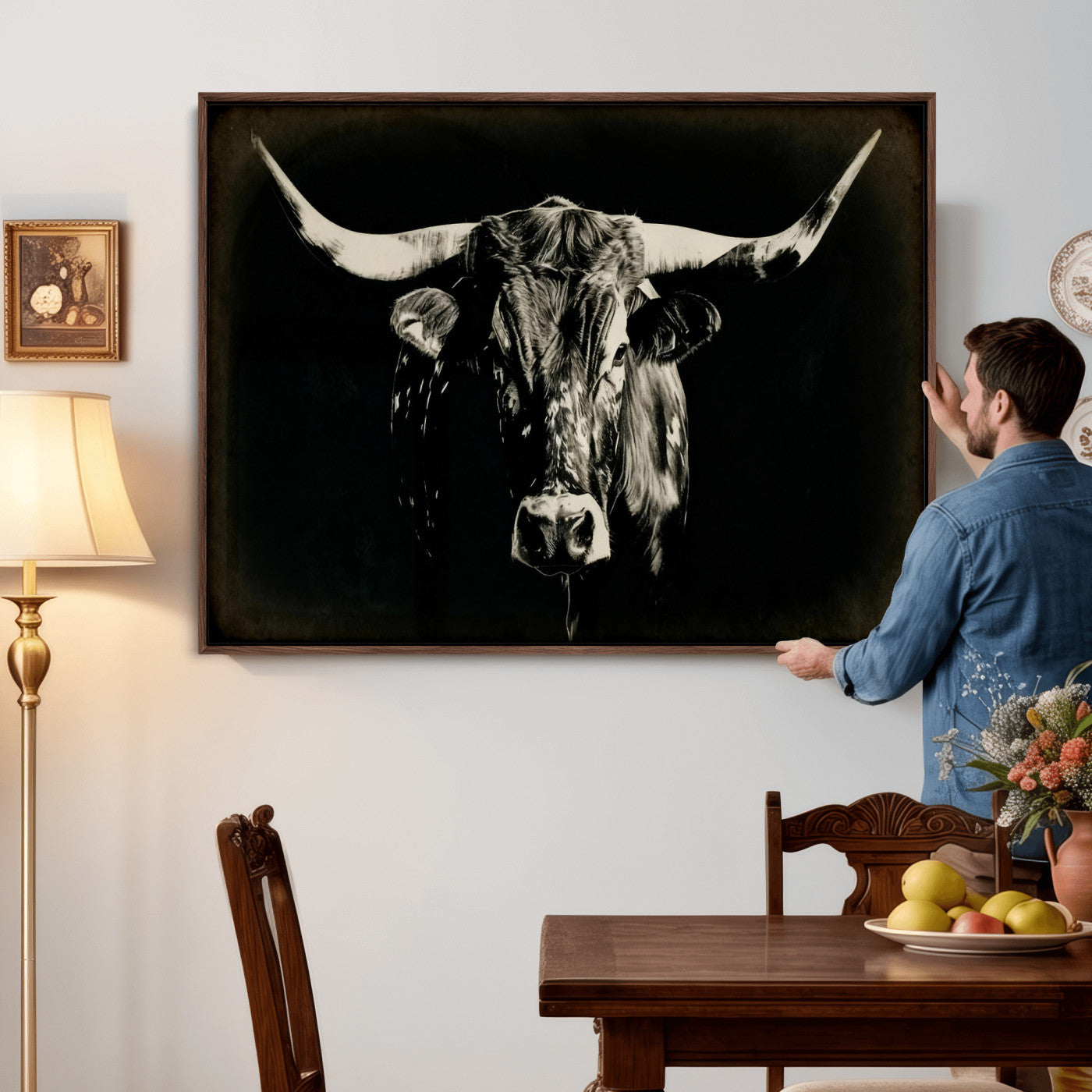 91364114-MGV-CV-36X24 - Black Bull Wall Art Canvas Print, Texas Longhorn Portrait Print, Framed Wall Art Ready to Hang