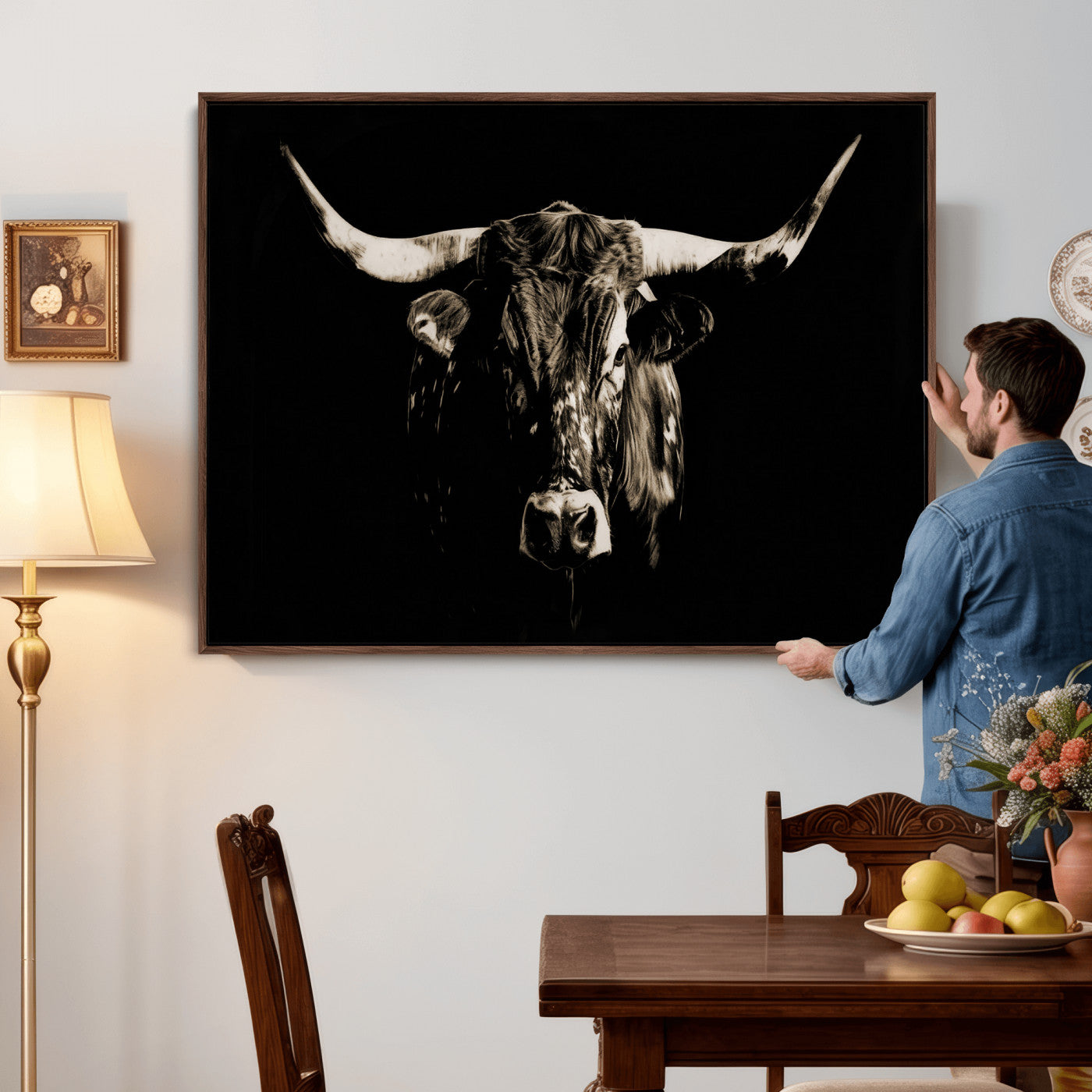 75774468-MGV-CV-36X24 - Black Bull Wall Art Canvas Print, Dark Longhorn Portrait Photography, Framed Wall Art Ready to Hang