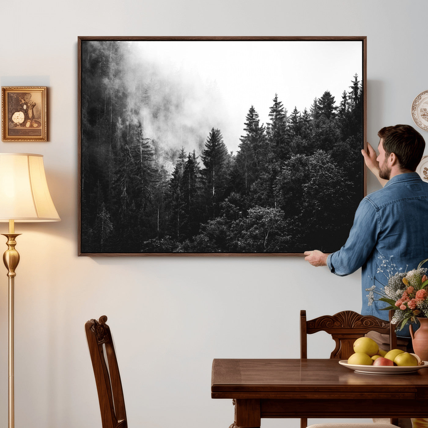 98764151-MGV-CV-36X24 - Black and White Forest Wall Art Canvas Print, Misty Pine Tree Landscape Photography, Framed Wall Art Ready to Hang