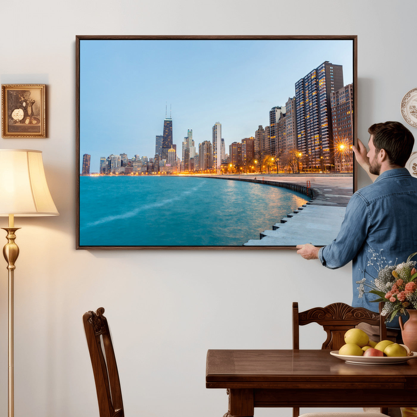 66780141-MGV-CV-36X24 - Chicago Wall Art Canvas Print, Chicago City Downtown Night Cityscape Print for Modern Urban Wall Decor