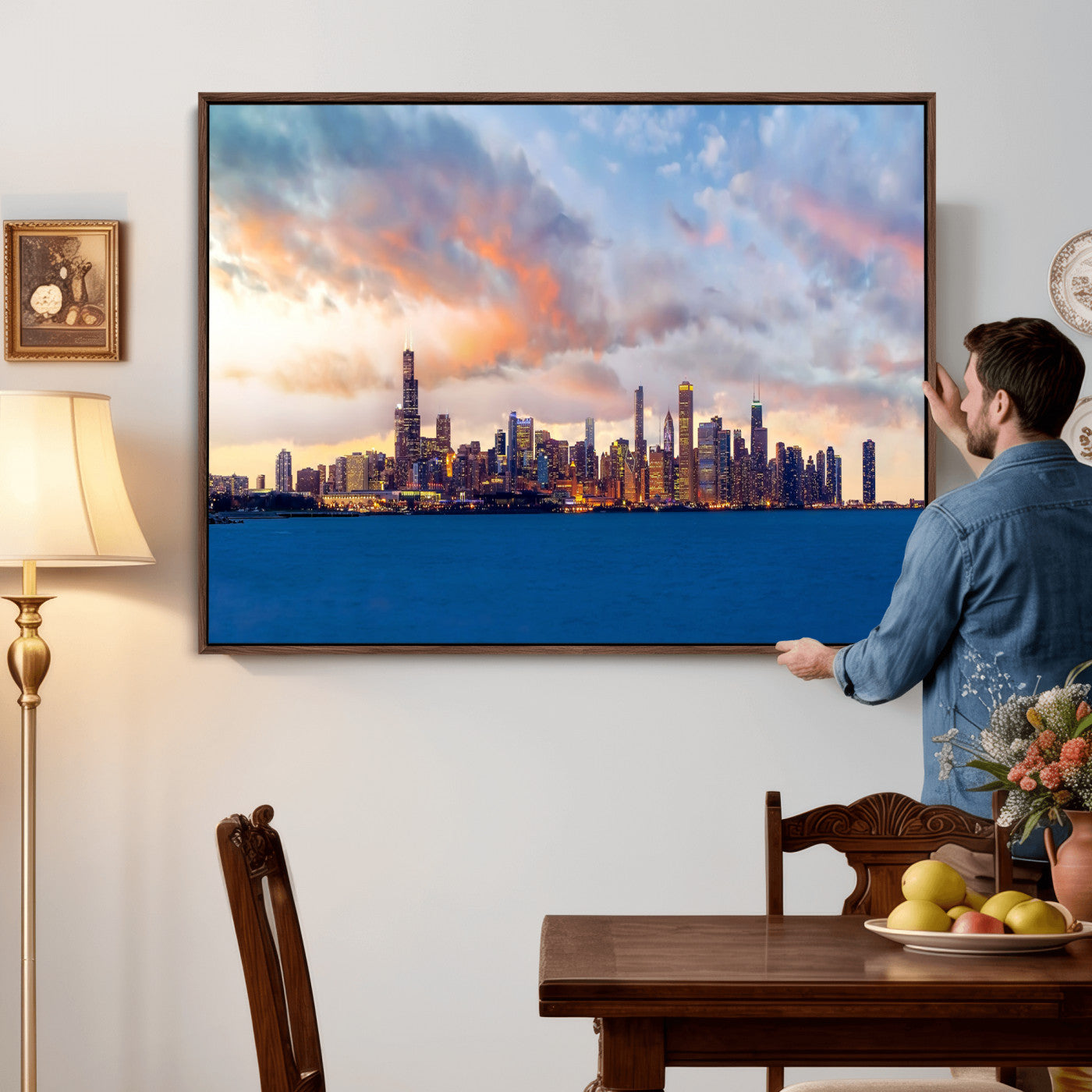 34667960-MGV-CV-36X24 - Chicago Wall Art Canvas Print, Chicago City Downtown Night Cityscape Print for Modern Urban Wall Decor