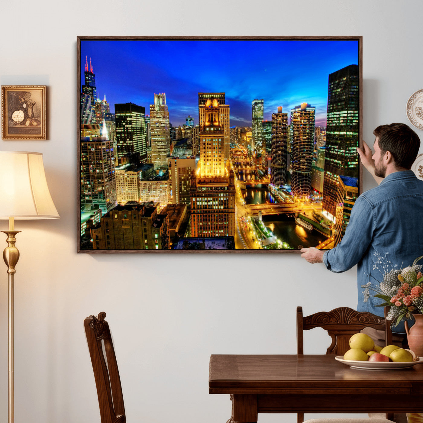 46298885-MGV-CV-36X24 - Chicago Wall Art Canvas Print, Chicago City Downtown Night Cityscape Print for Modern Urban Wall Decor